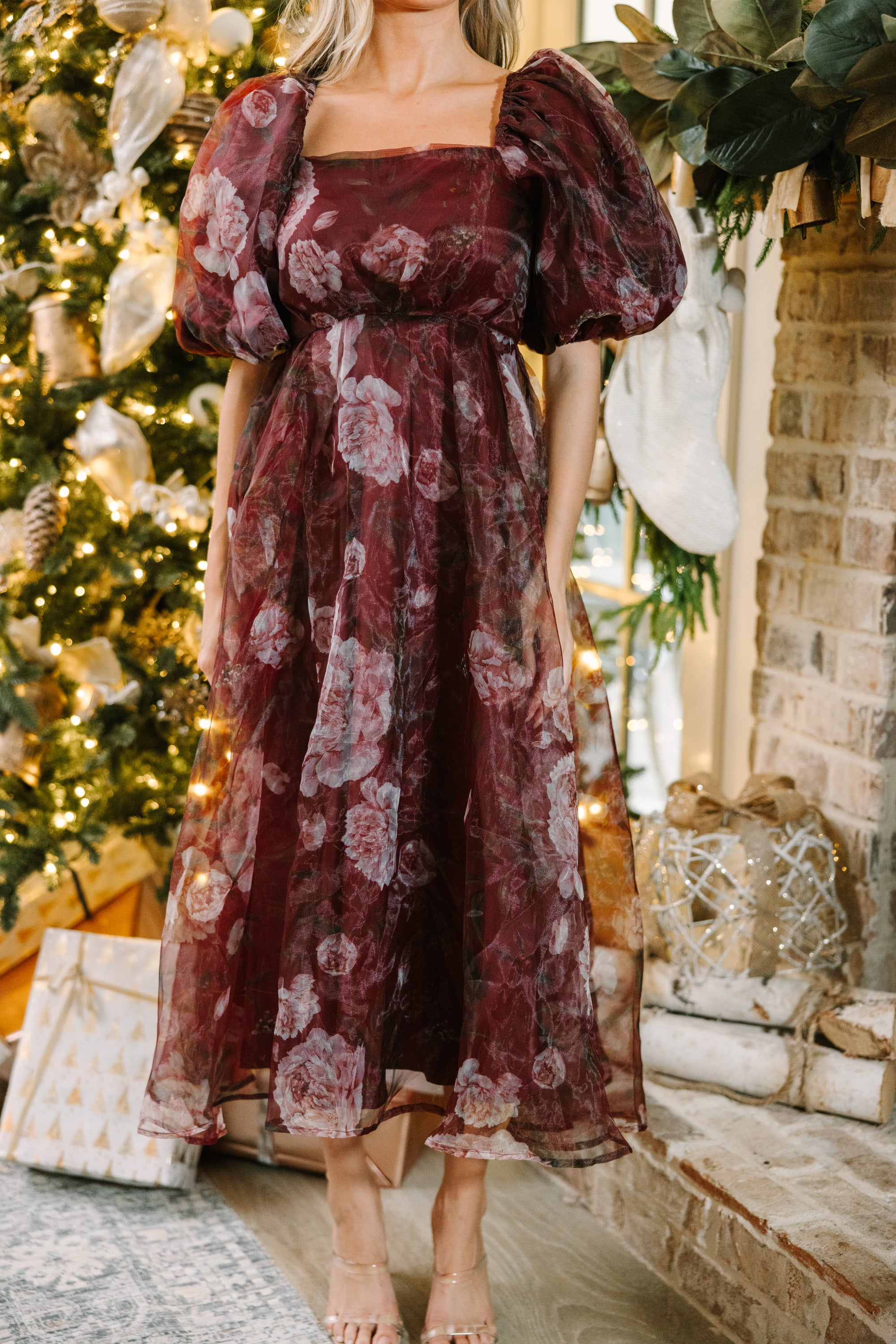 Returned Affections Burgundy Red Floral Midi Dress