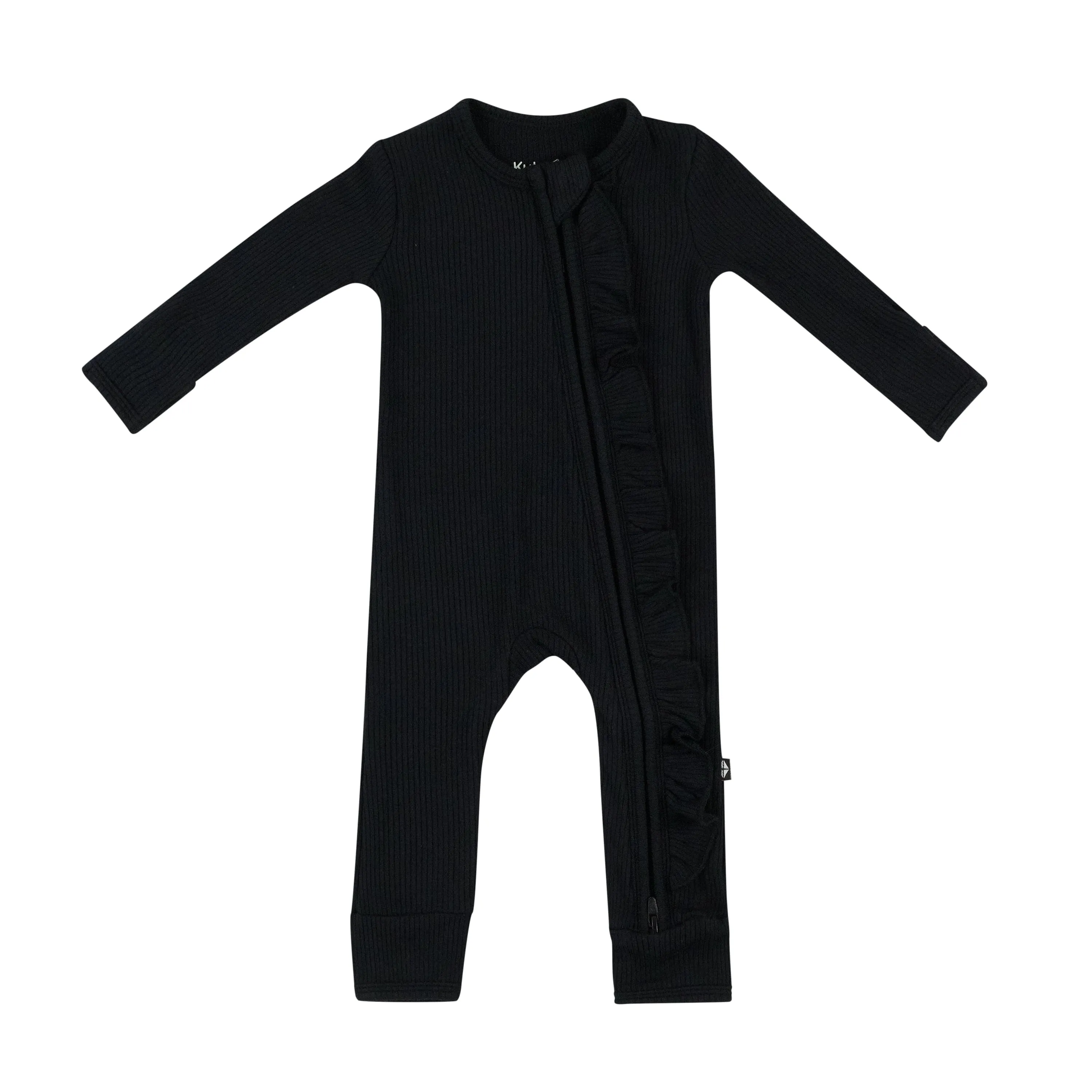 Ribbed Ruffle Zipper Romper in Midnight