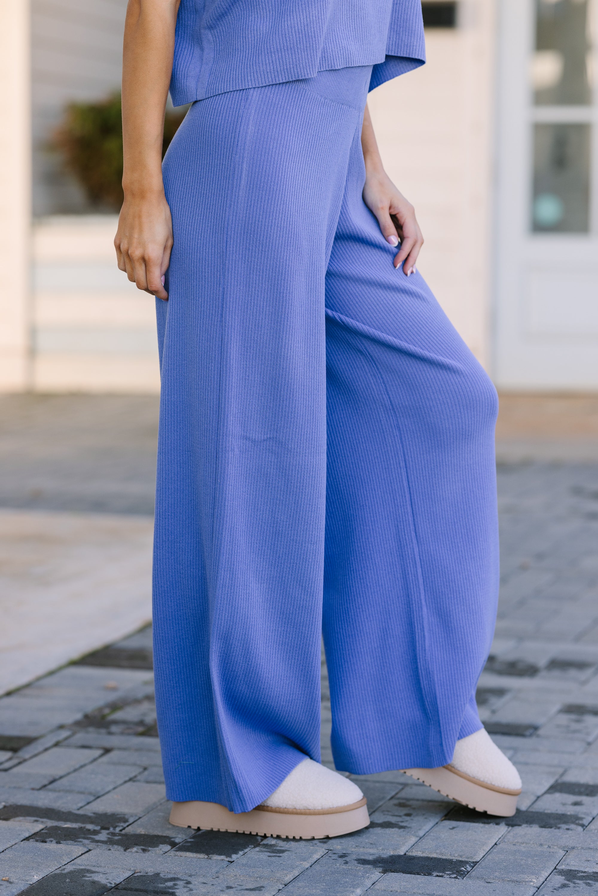 Safe Travels Blue Ribbed Knit Wide Leg Pants