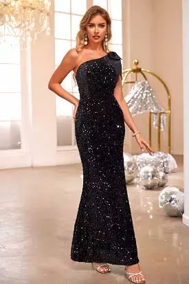 Sequin One Shoulder Sleeveless Dress Black