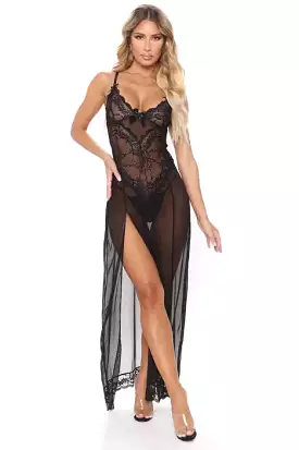 Sexy Lace Yarn Satin Transparent Embroidery Dress Black