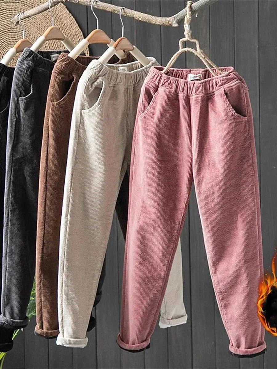 Skinny Corduroy Fleece Pants for Women - Black/Pink, Sizes M-L