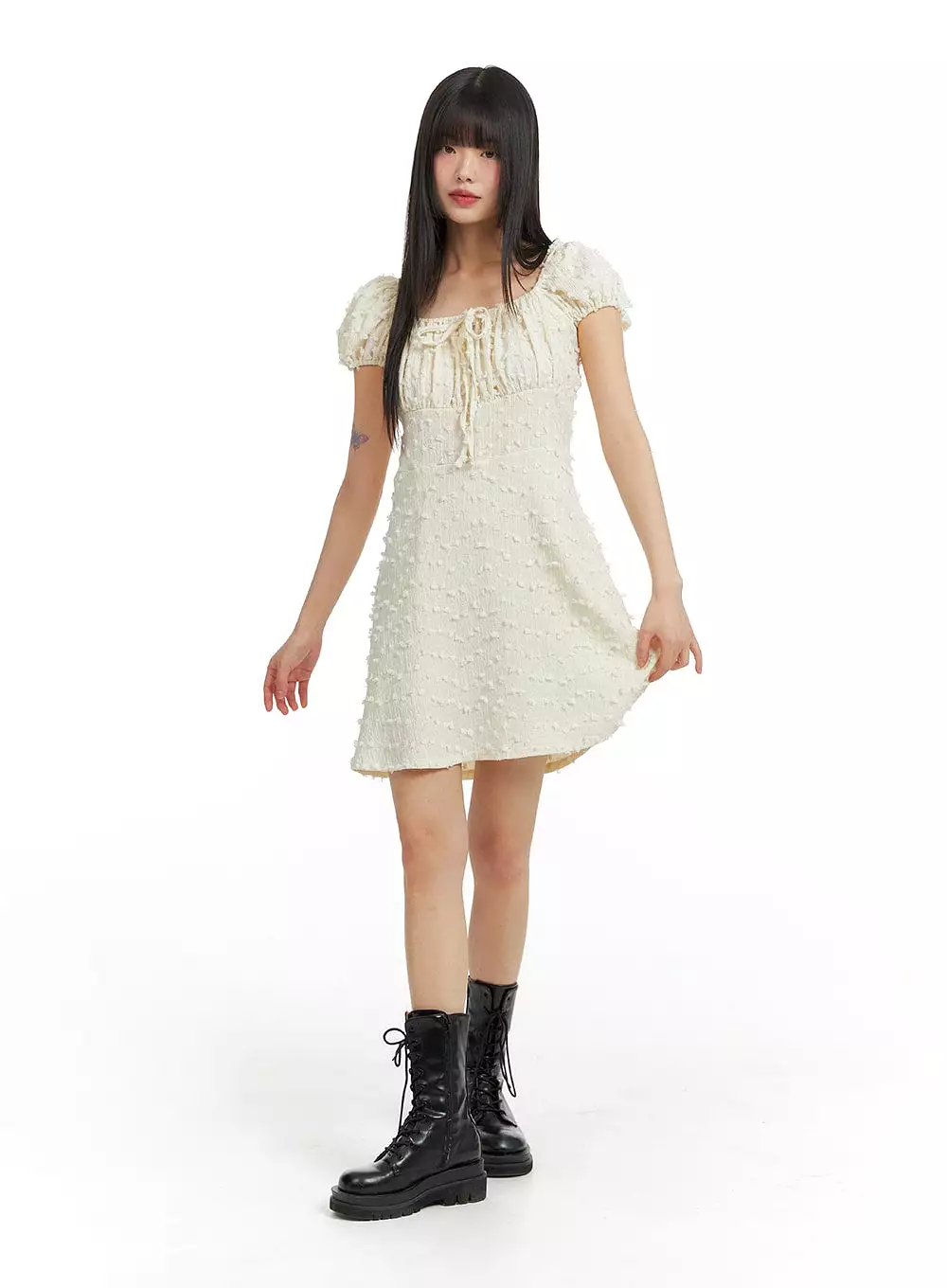 Square Neck Puff Sleeve Drawstring Mini Dress CF416