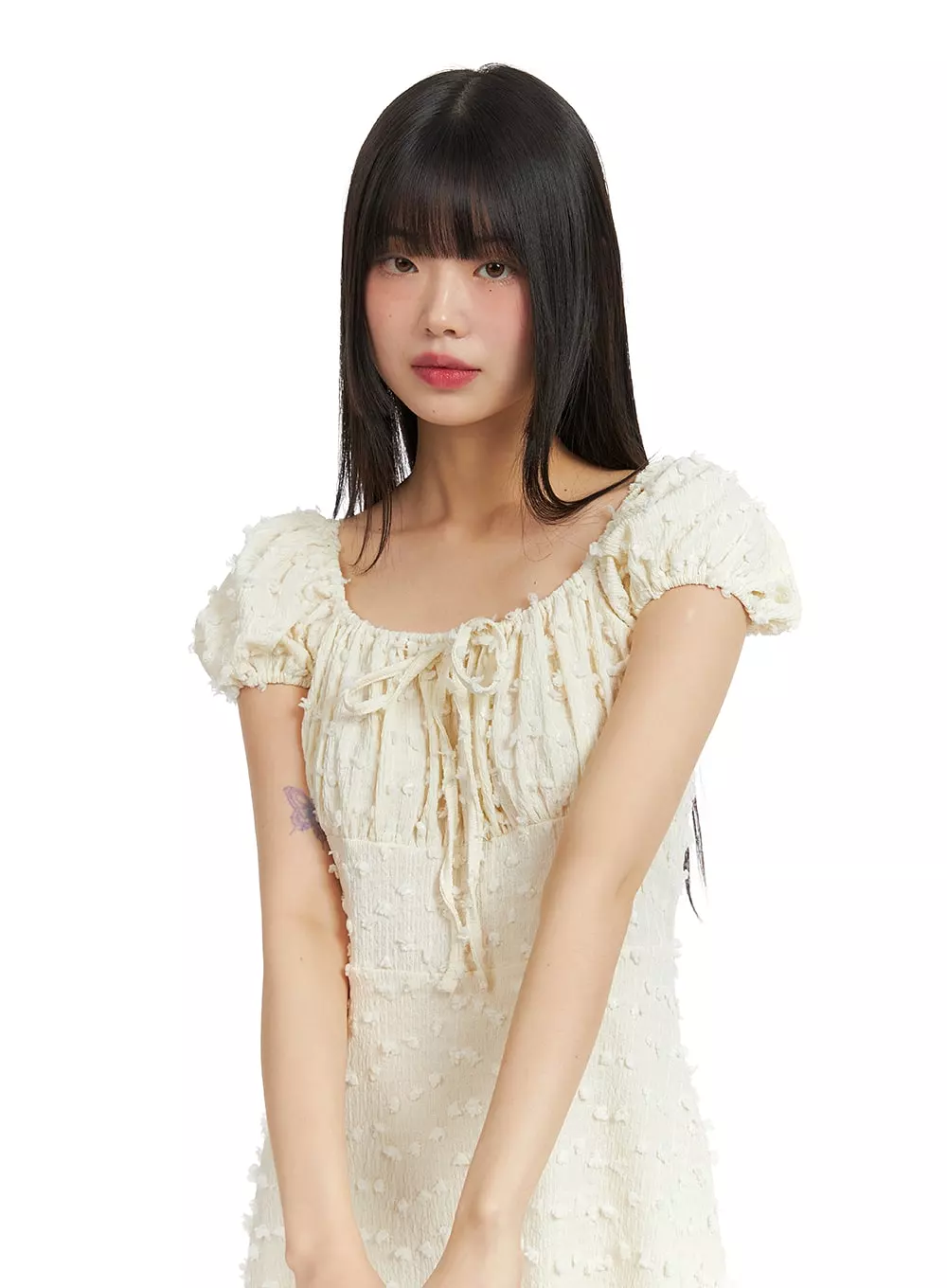 Square Neck Puff Sleeve Drawstring Mini Dress CF416