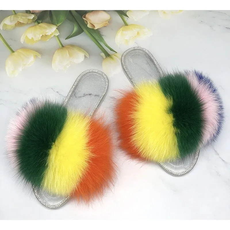 Summer Fluffy Fur Transparent Slides Flip Flop House Slippers for Women