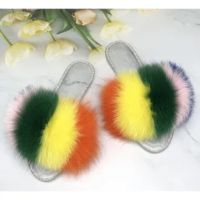 Summer Fluffy Fur Transparent Slides Flip Flop House Slippers for Women