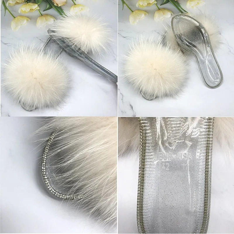 Summer Fluffy Fur Transparent Slides Flip Flop House Slippers for Women