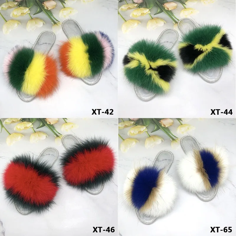 Summer Fluffy Fur Transparent Slides Flip Flop House Slippers for Women