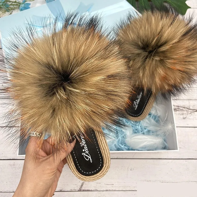 Summer Natural Raccoon Fur Fluffy Flip Flop Indoor Slippers for Women