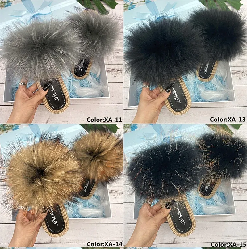 Summer Natural Raccoon Fur Fluffy Flip Flop Indoor Slippers for Women