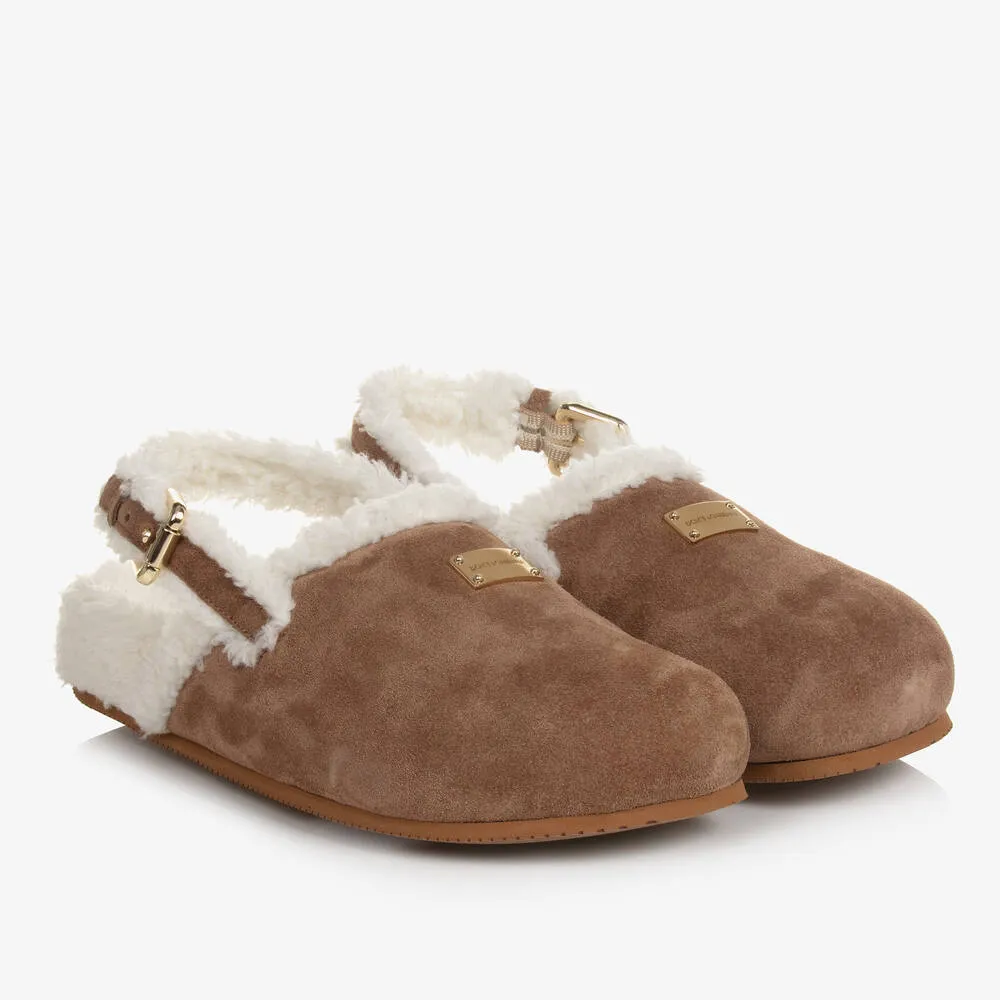 Teen Girls Tan Brown Leather & Sherpa Mules