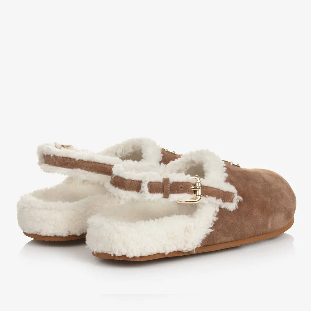 Teen Girls Tan Brown Leather & Sherpa Mules