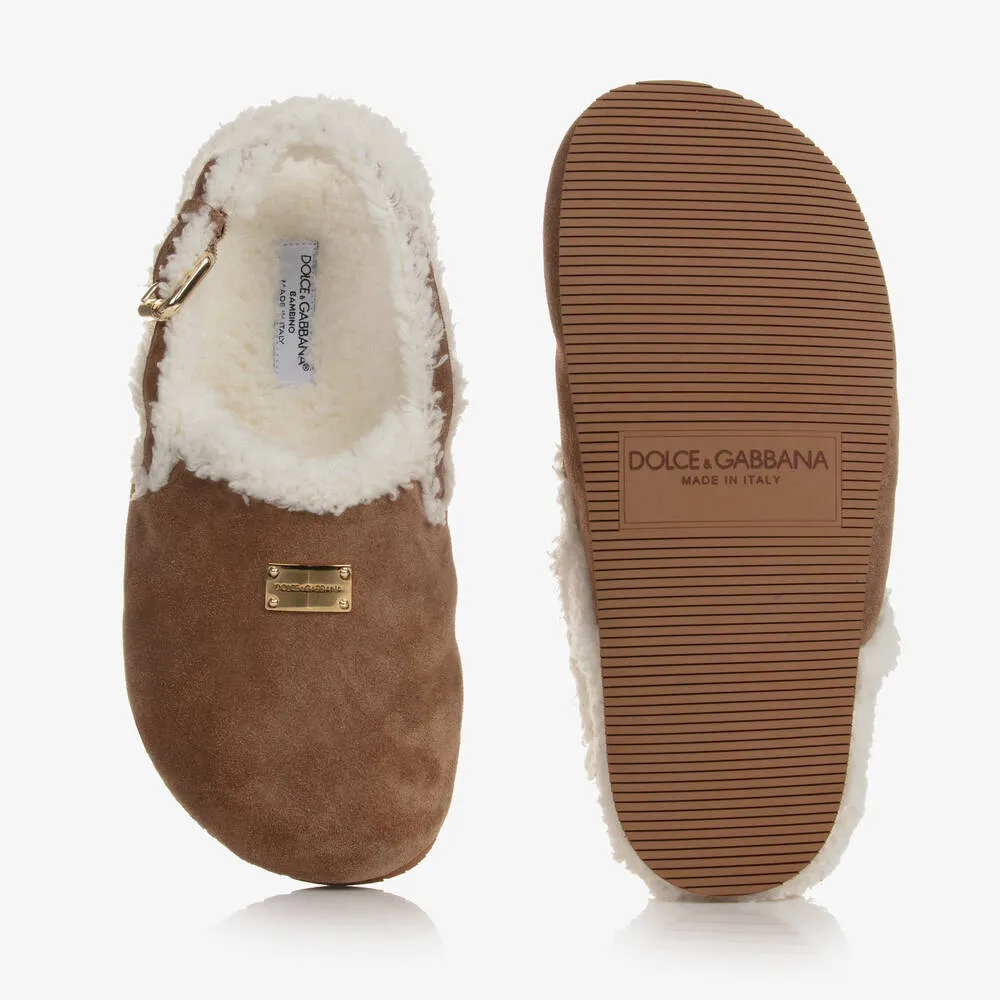 Teen Girls Tan Brown Leather & Sherpa Mules