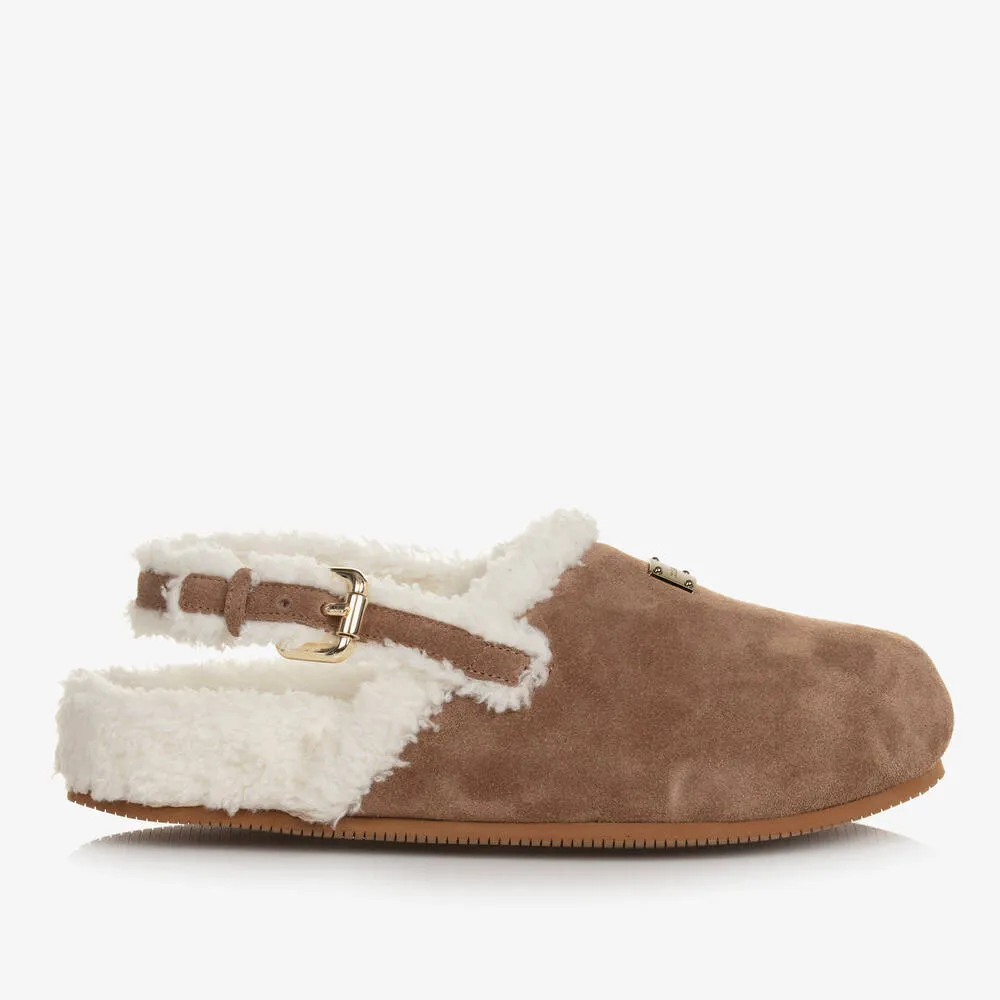 Teen Girls Tan Brown Leather & Sherpa Mules