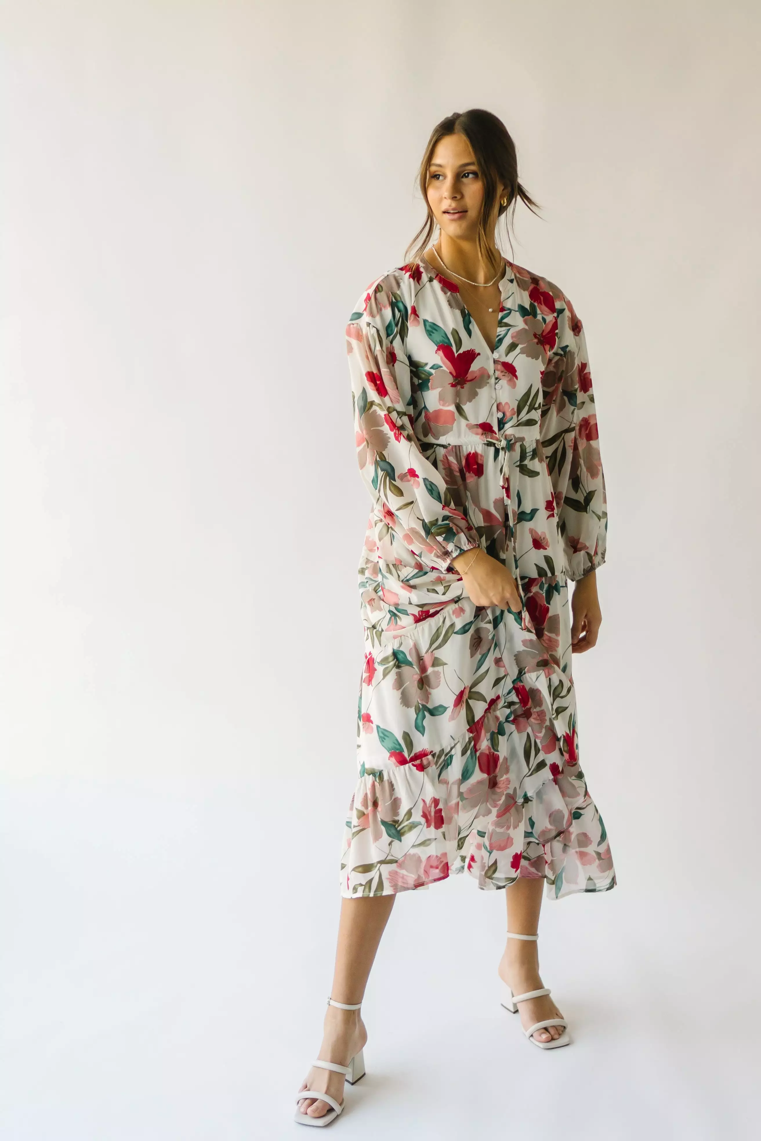 The Arion Floral Tiered Maxi Dress in Ivory