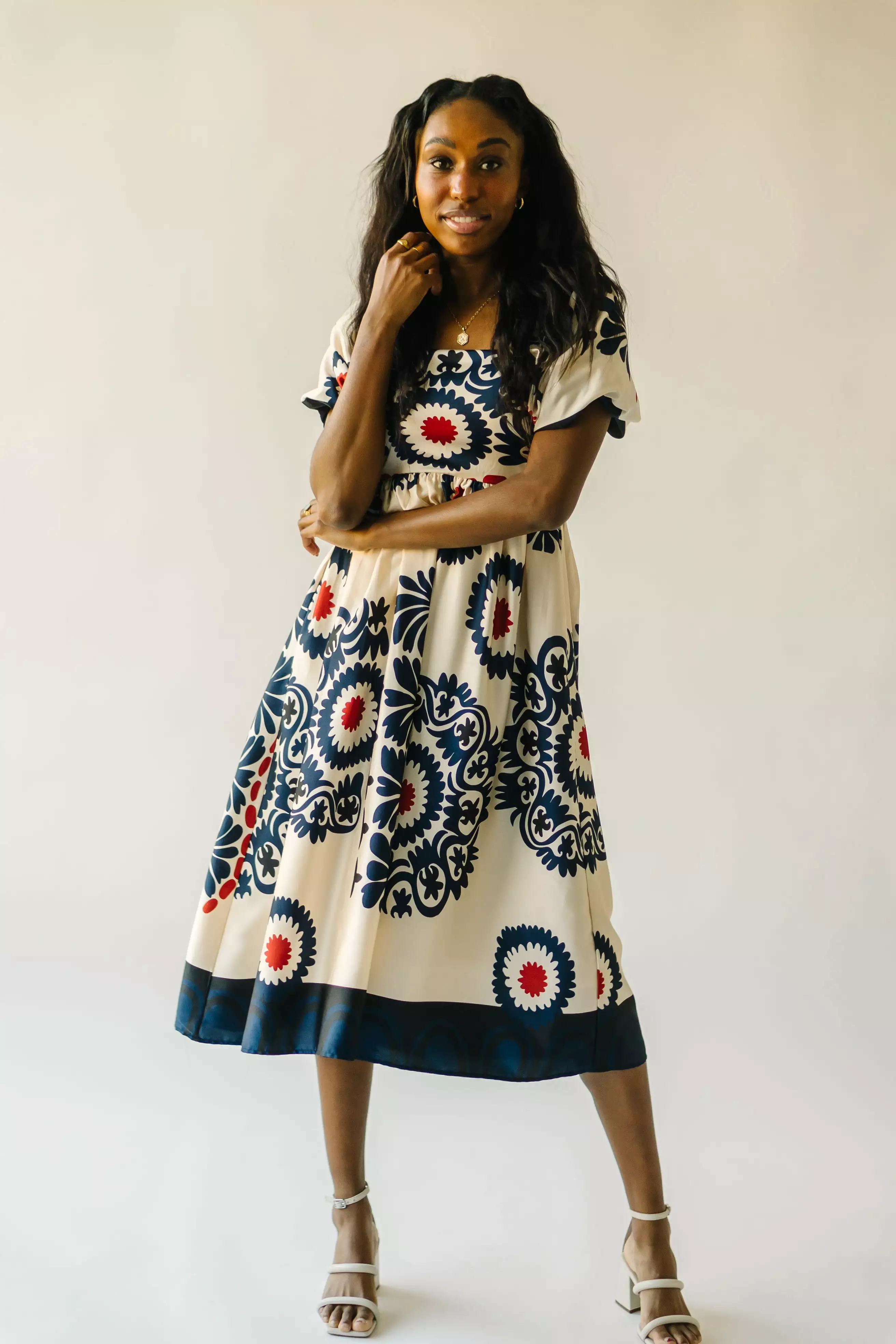 The Armada Puff Sleeve Satin Midi Dress in Navy Multi