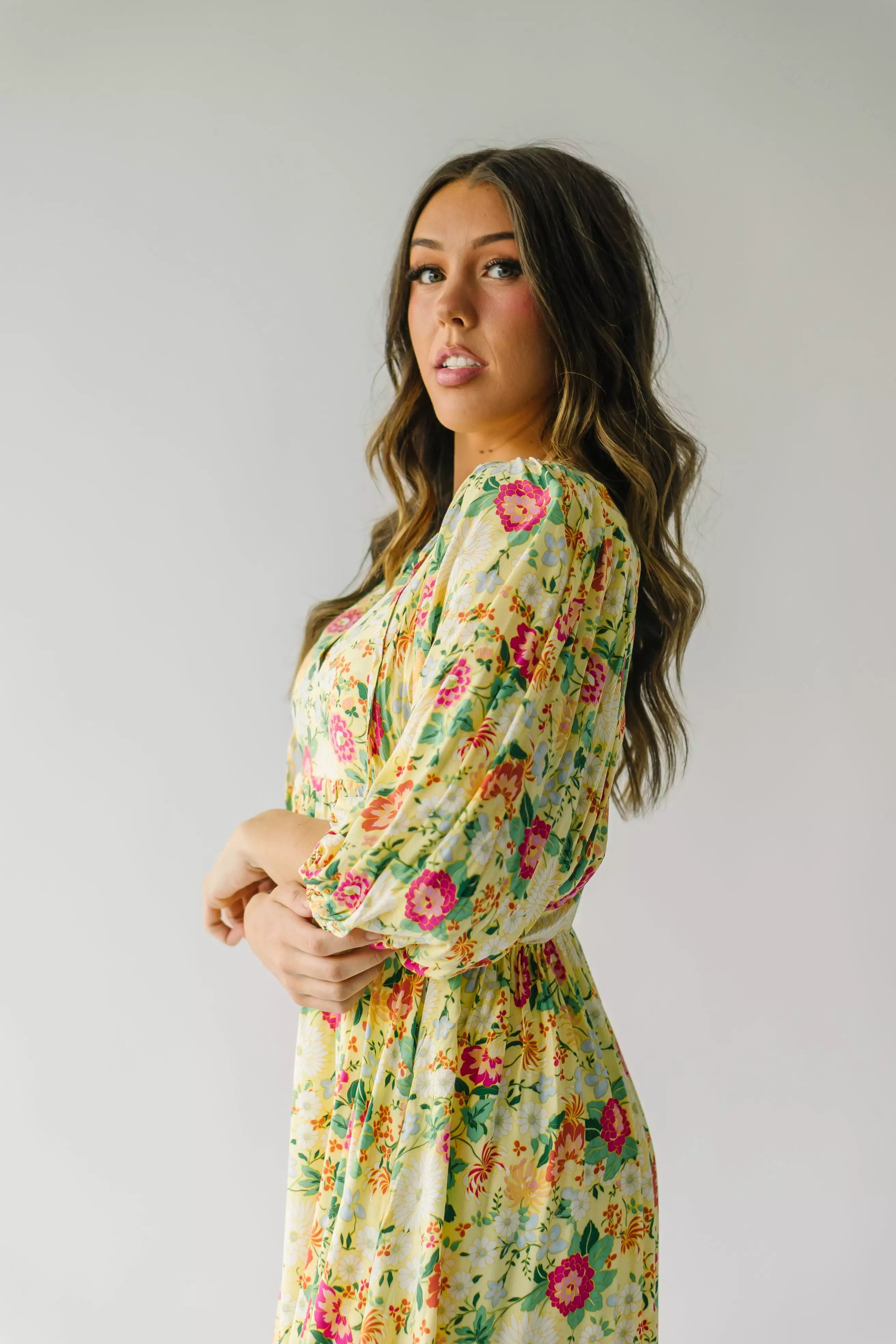 The Bearden Tie-Front Floral Midi Dress in Light Yellow