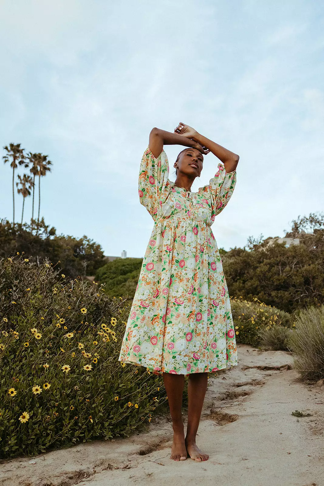 The Bearden Tie-Front Floral Midi Dress in Light Yellow