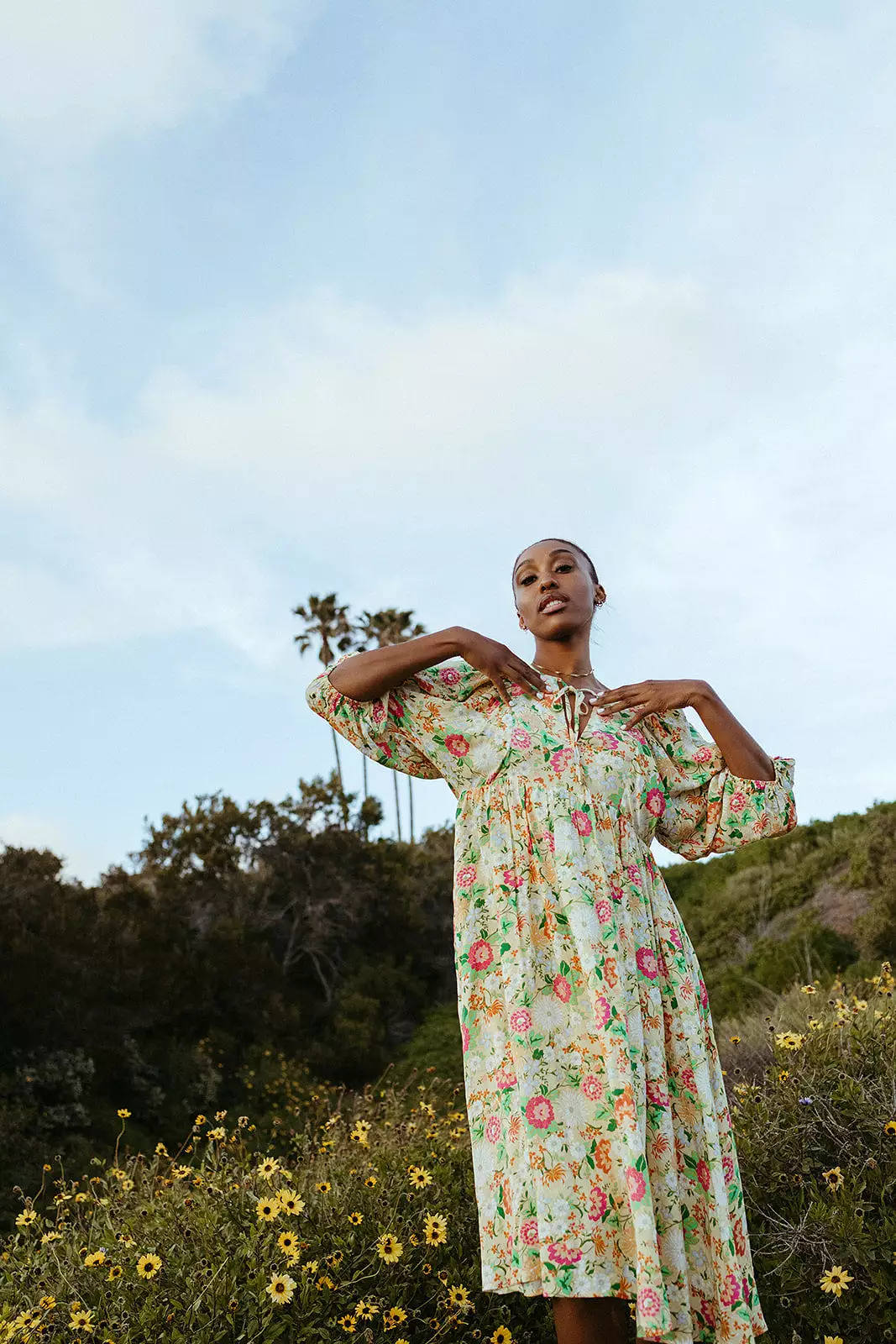 The Bearden Tie-Front Floral Midi Dress in Light Yellow