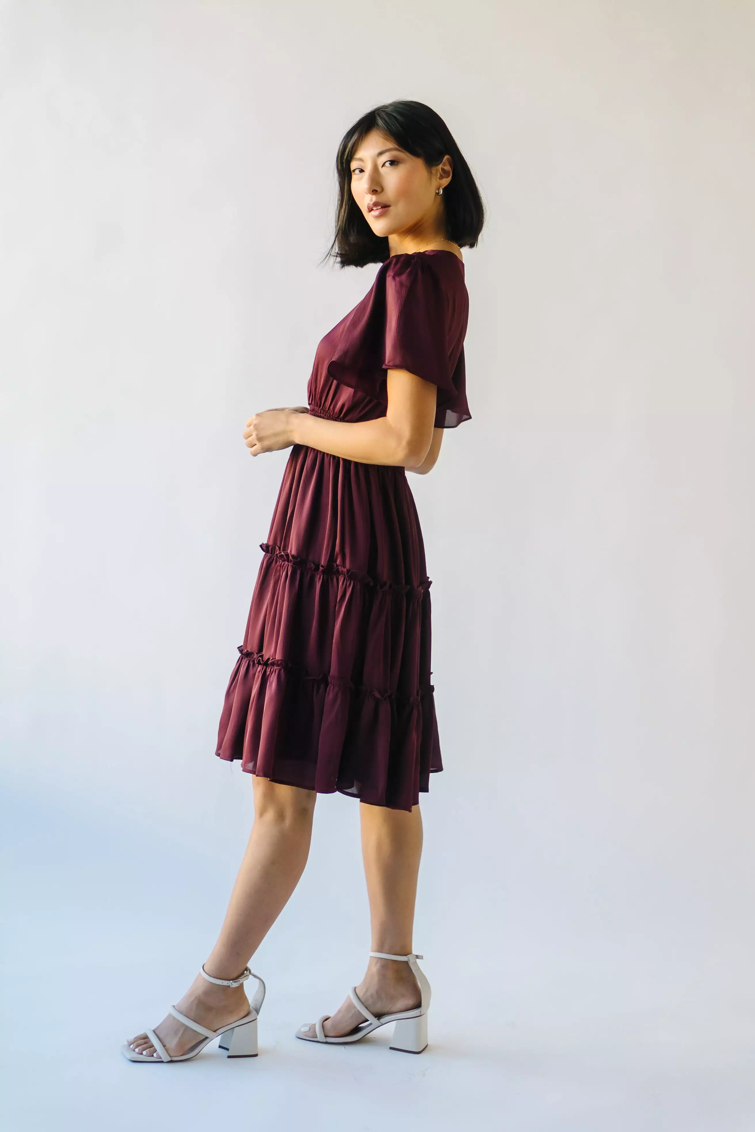 The Bicknell Tiered Midi Dress in Burgundy