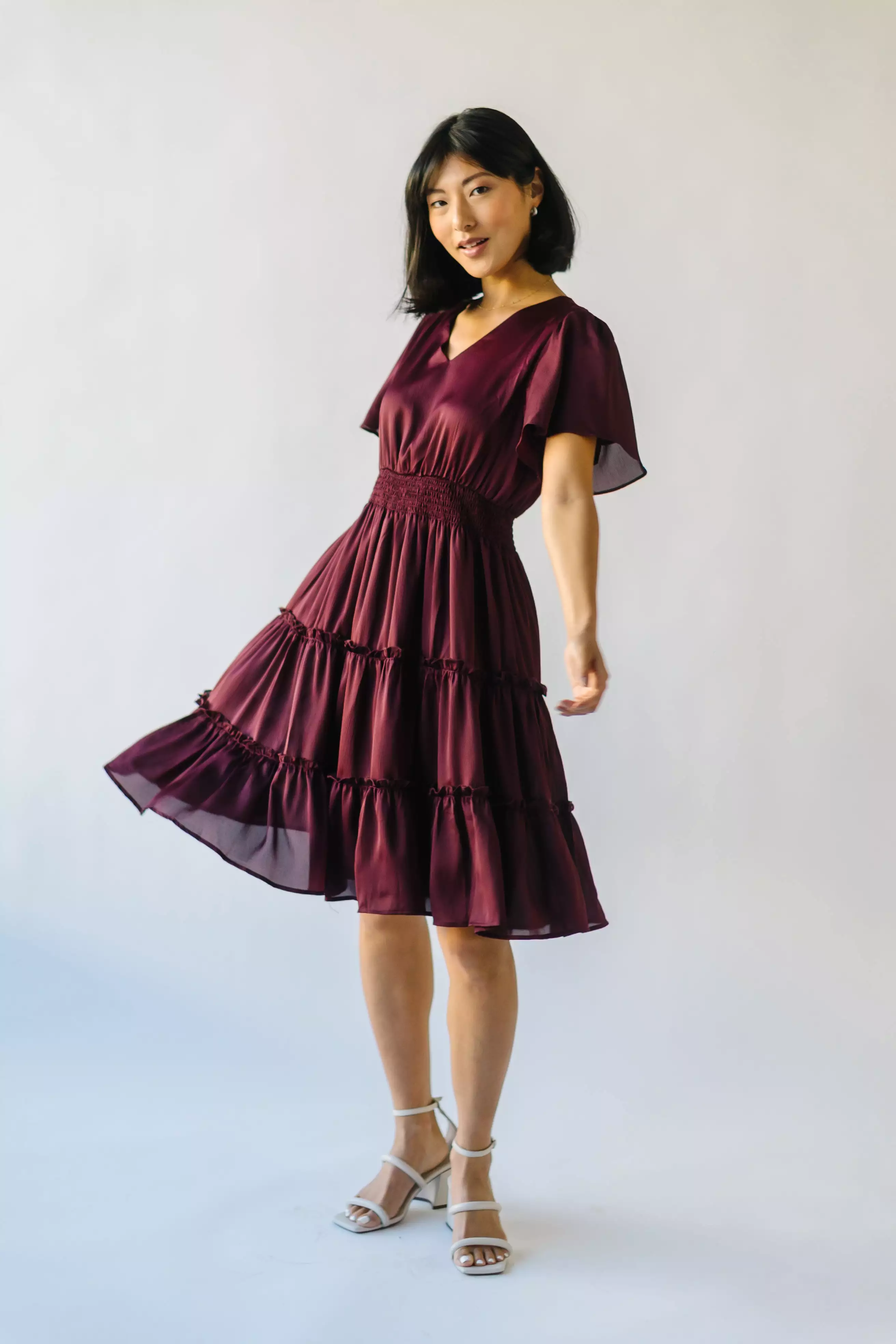 The Bicknell Tiered Midi Dress in Burgundy