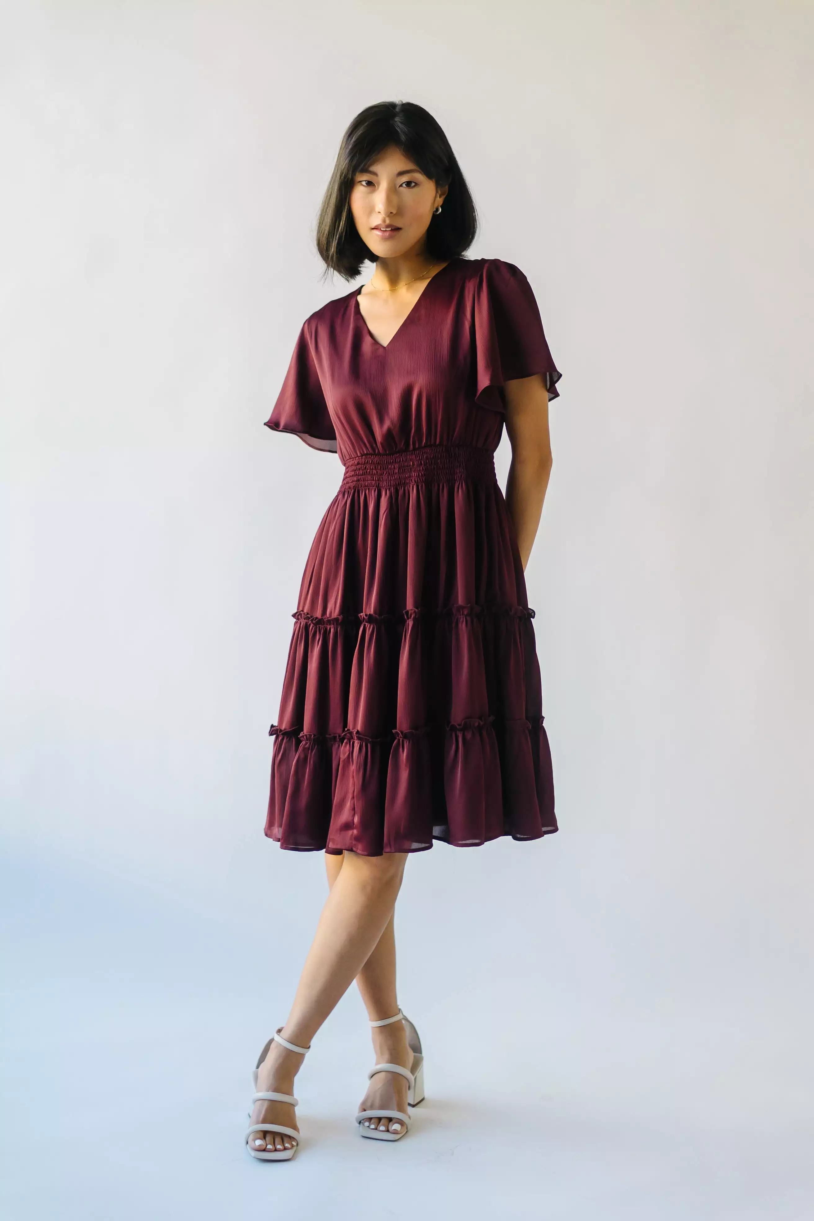 The Bicknell Tiered Midi Dress in Burgundy