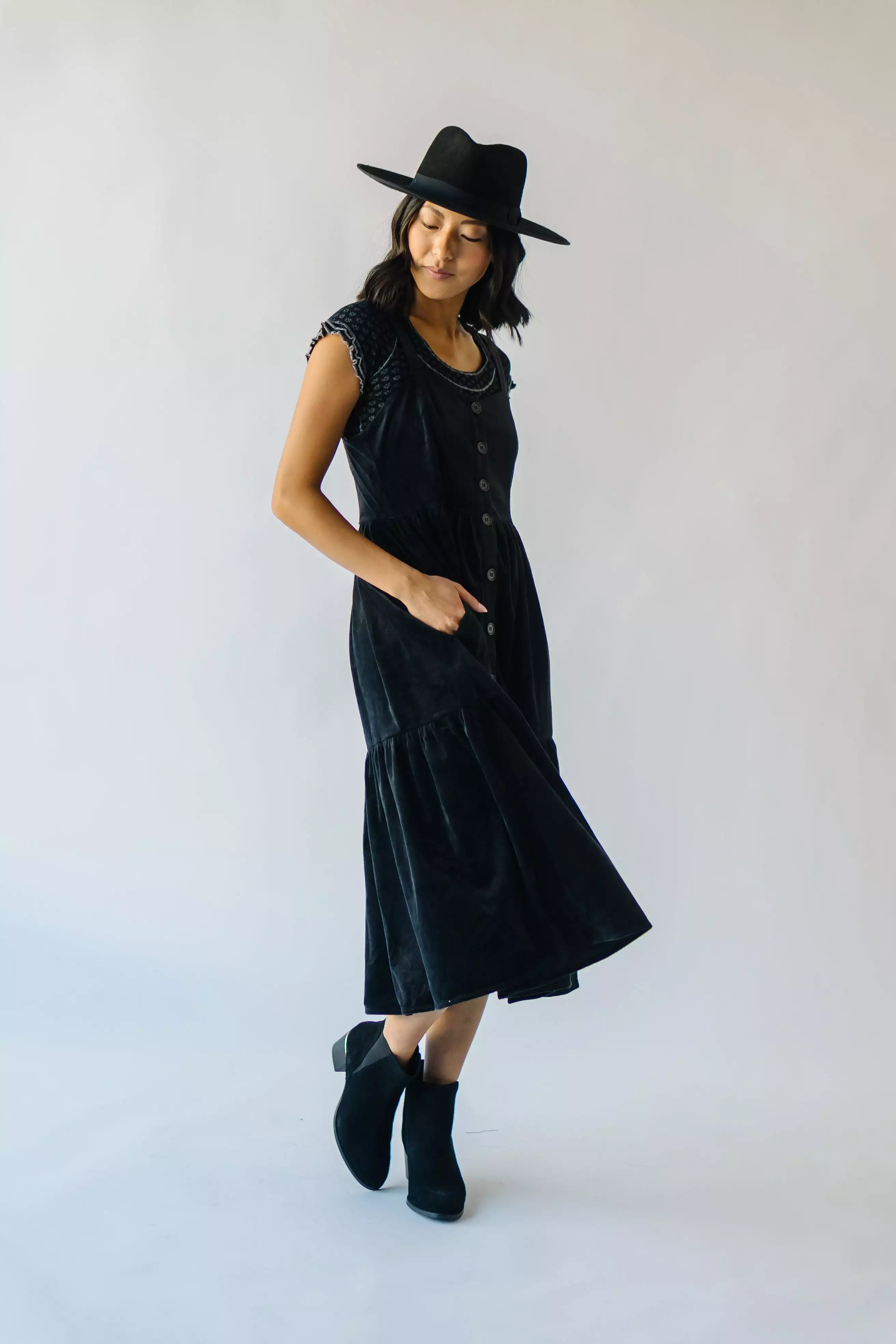 The Bremen Velvet Tank Midi Dress in Black