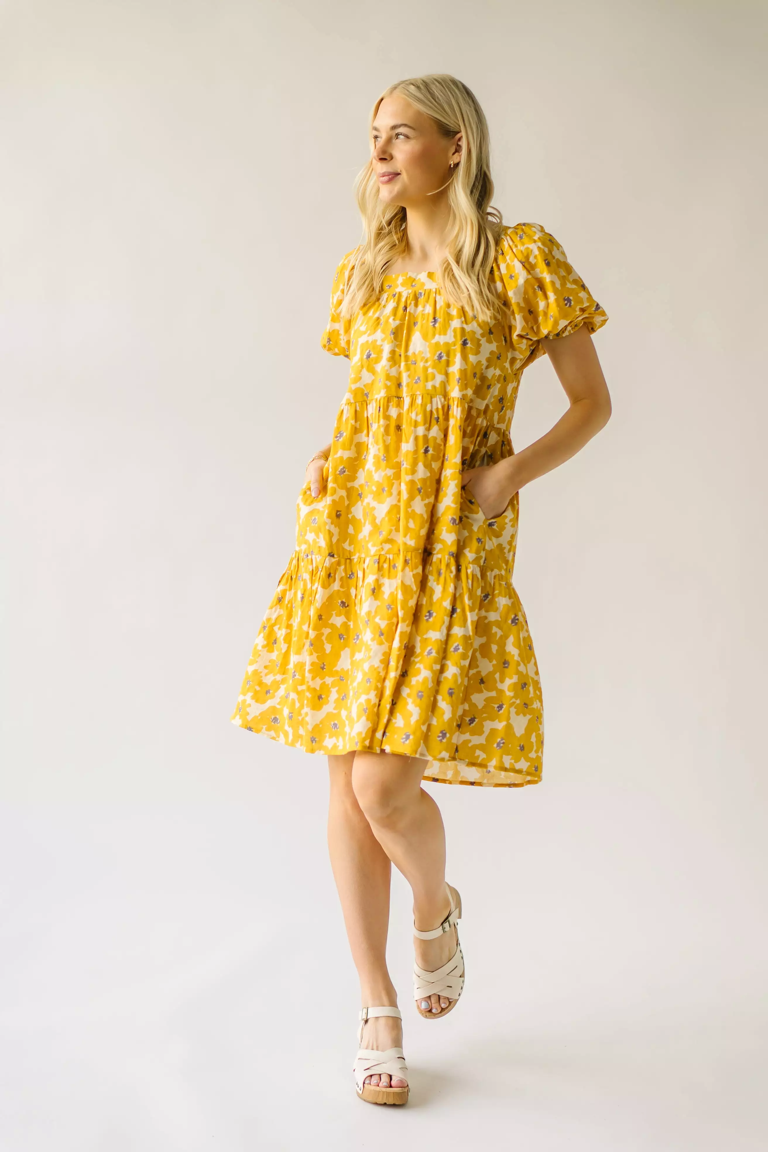 The Burwell Tiered Midi Dress in Mustard Floral