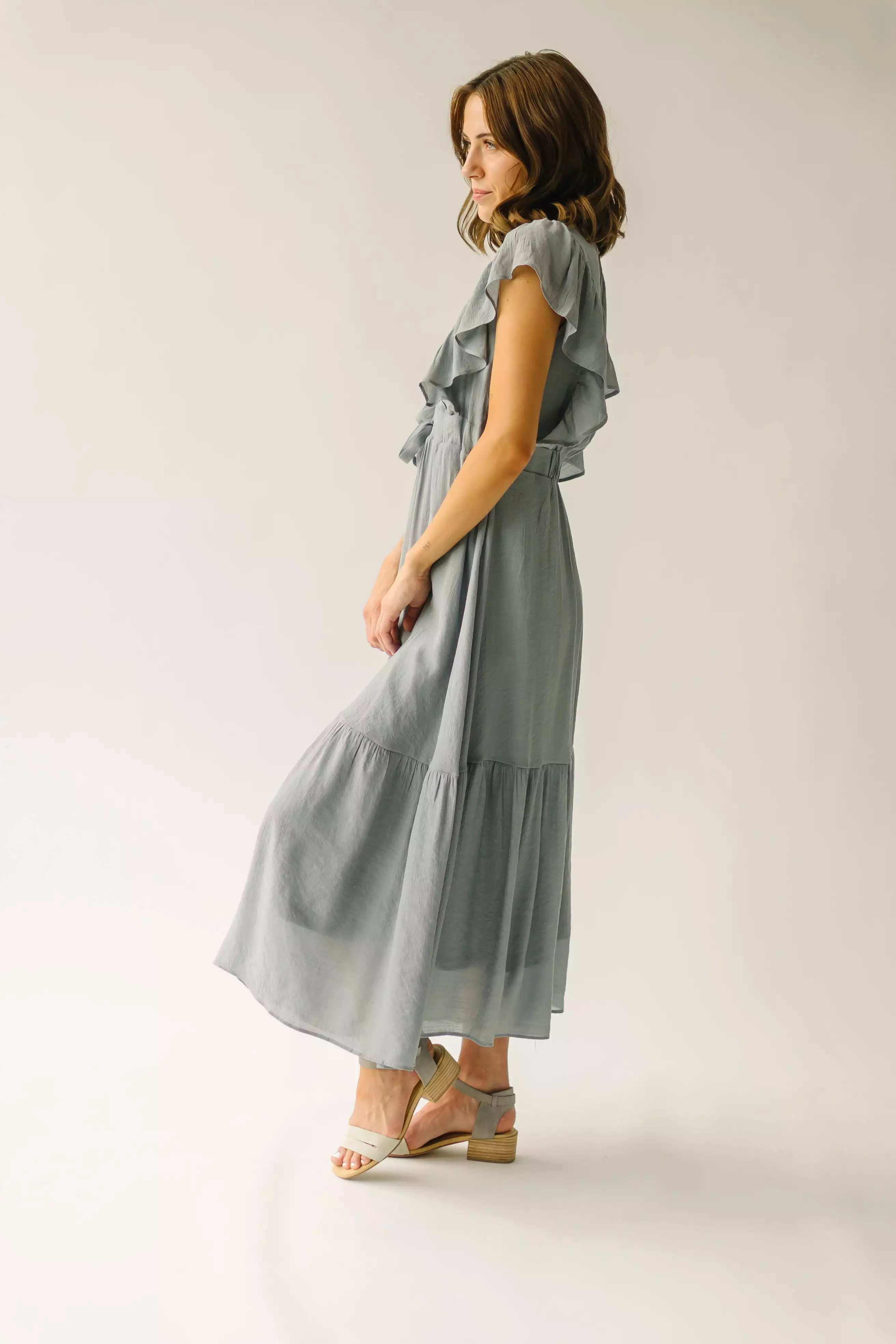 The Clovis Ruffle Sleeve Midi Dress in Dusty Blue