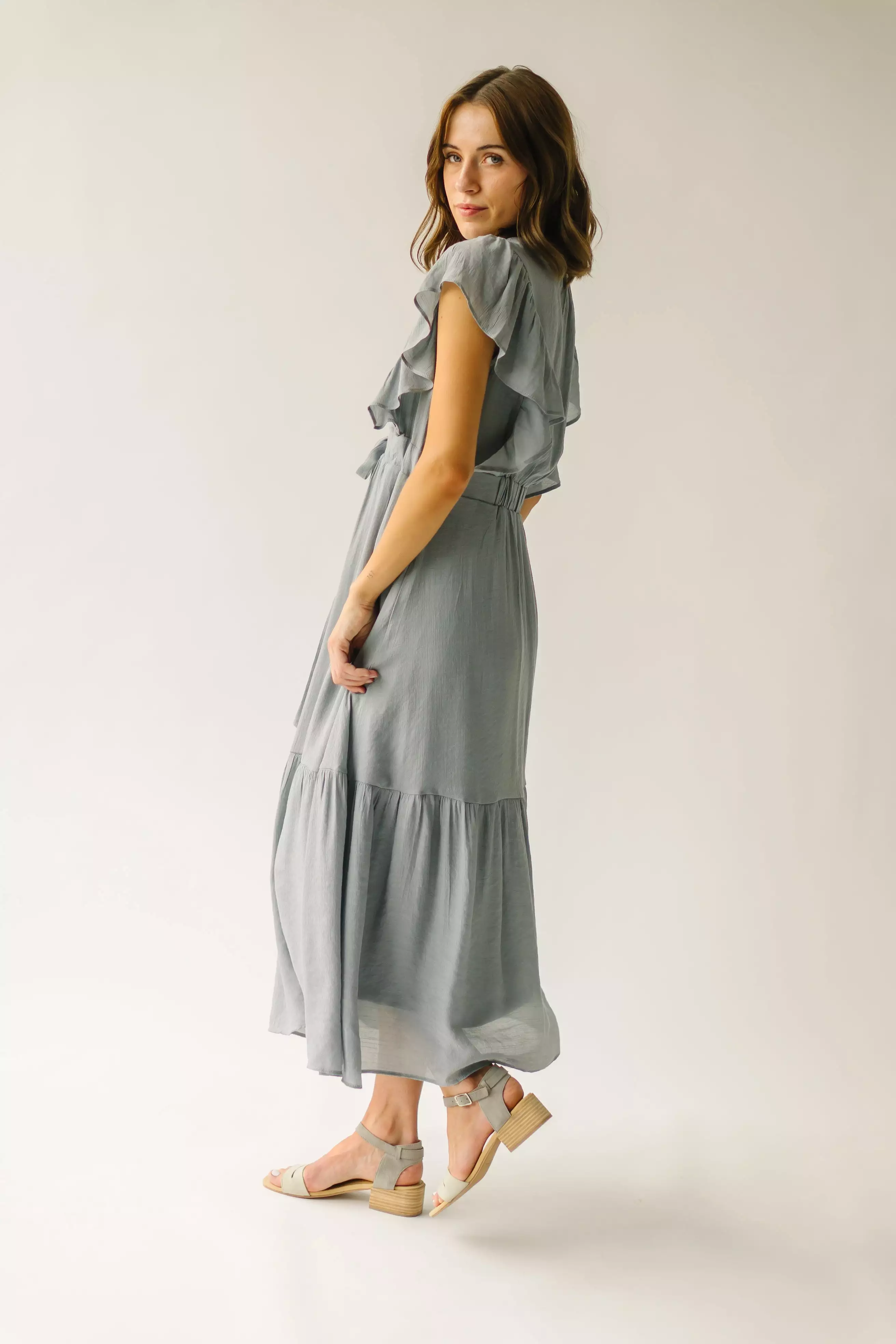 The Clovis Ruffle Sleeve Midi Dress in Dusty Blue