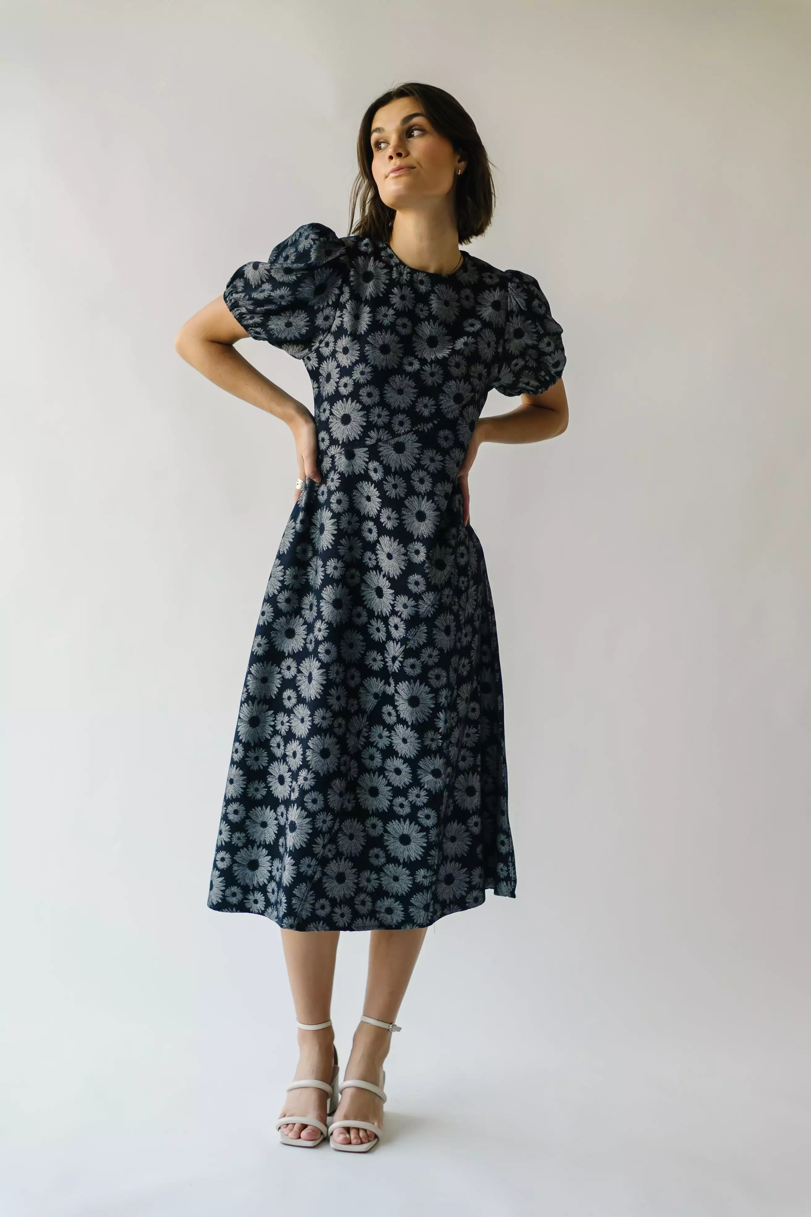 The Cressida Sunflower Woven Midi Dress in Navy