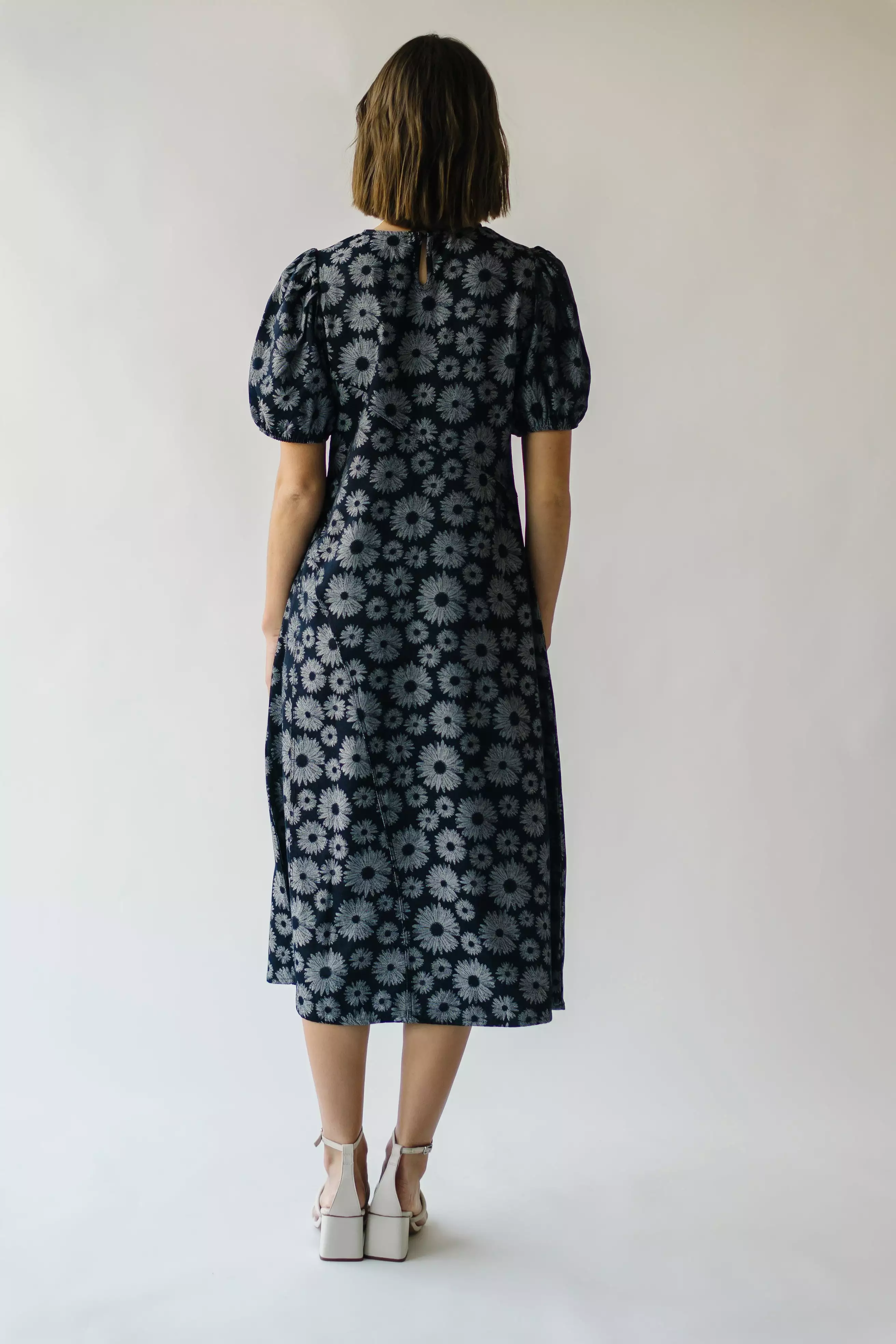 The Cressida Sunflower Woven Midi Dress in Navy