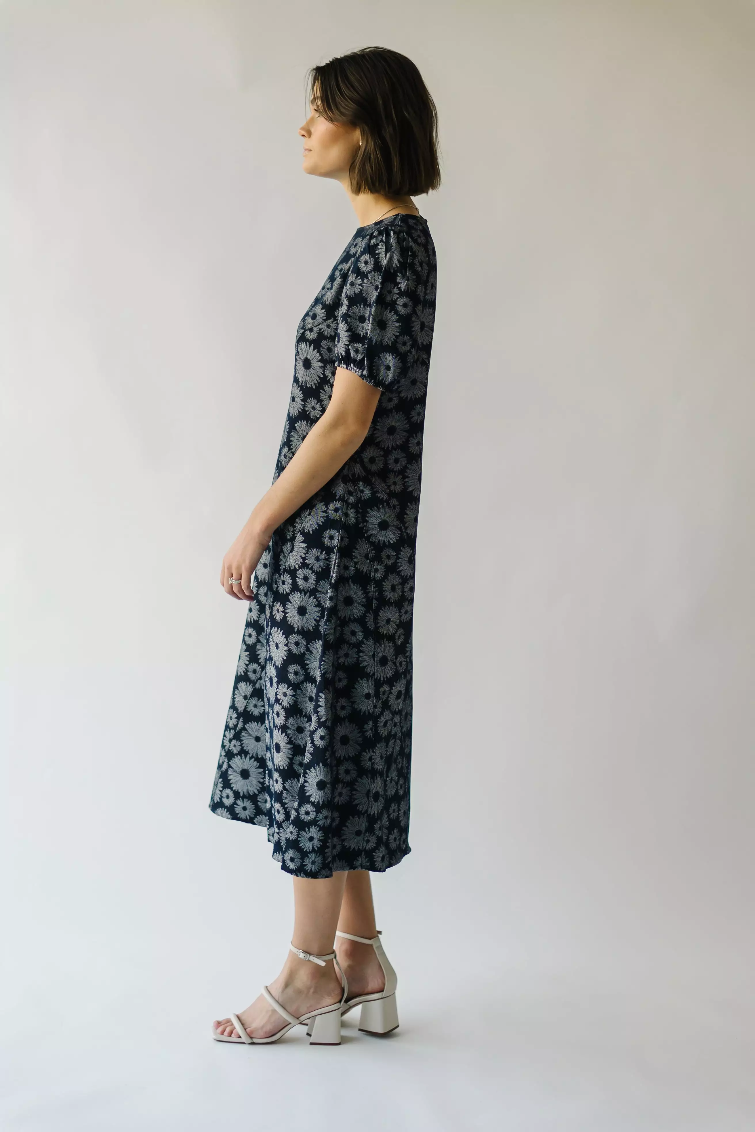 The Cressida Sunflower Woven Midi Dress in Navy