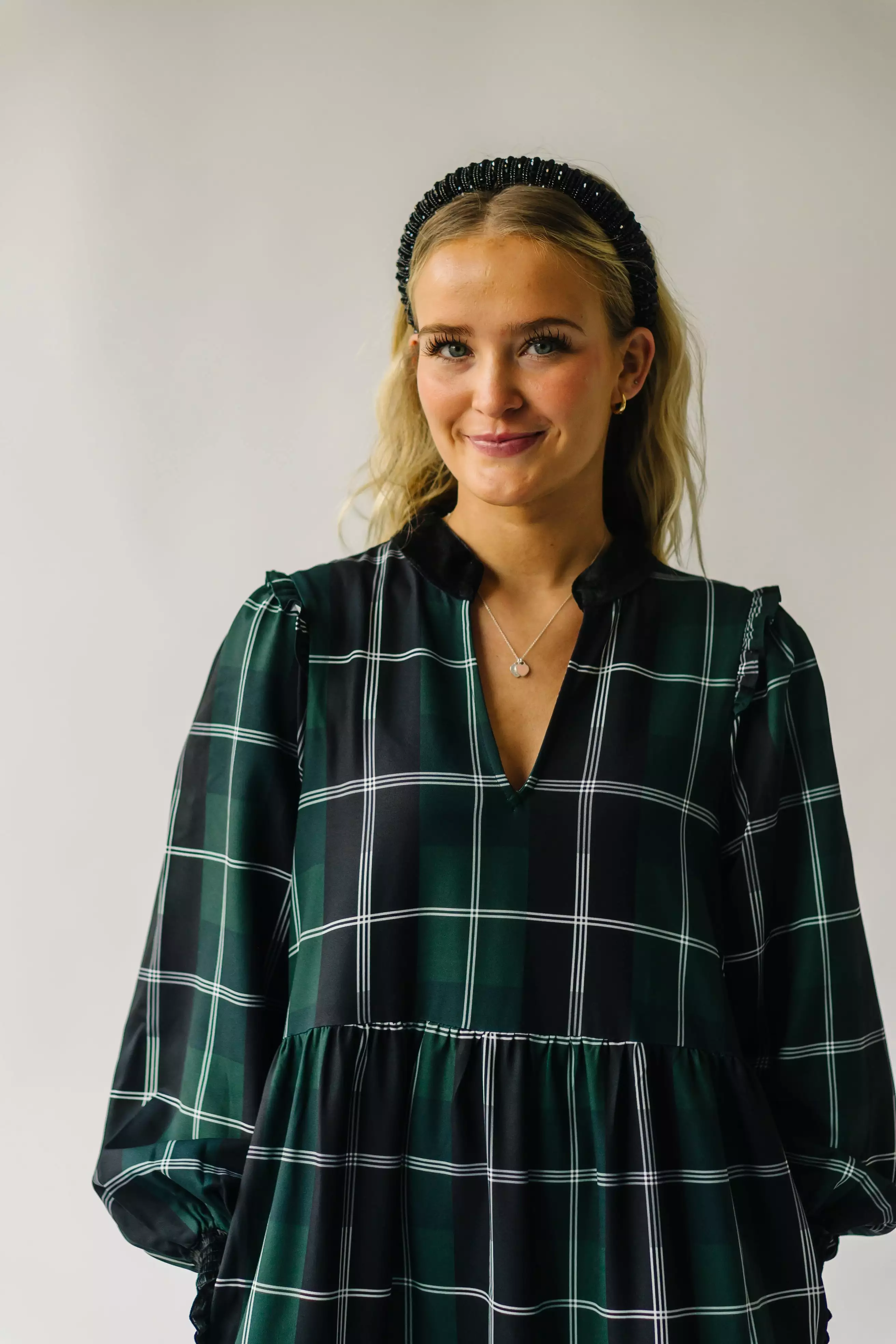 The Daylon Plaid Midi Dress in Emerald + White