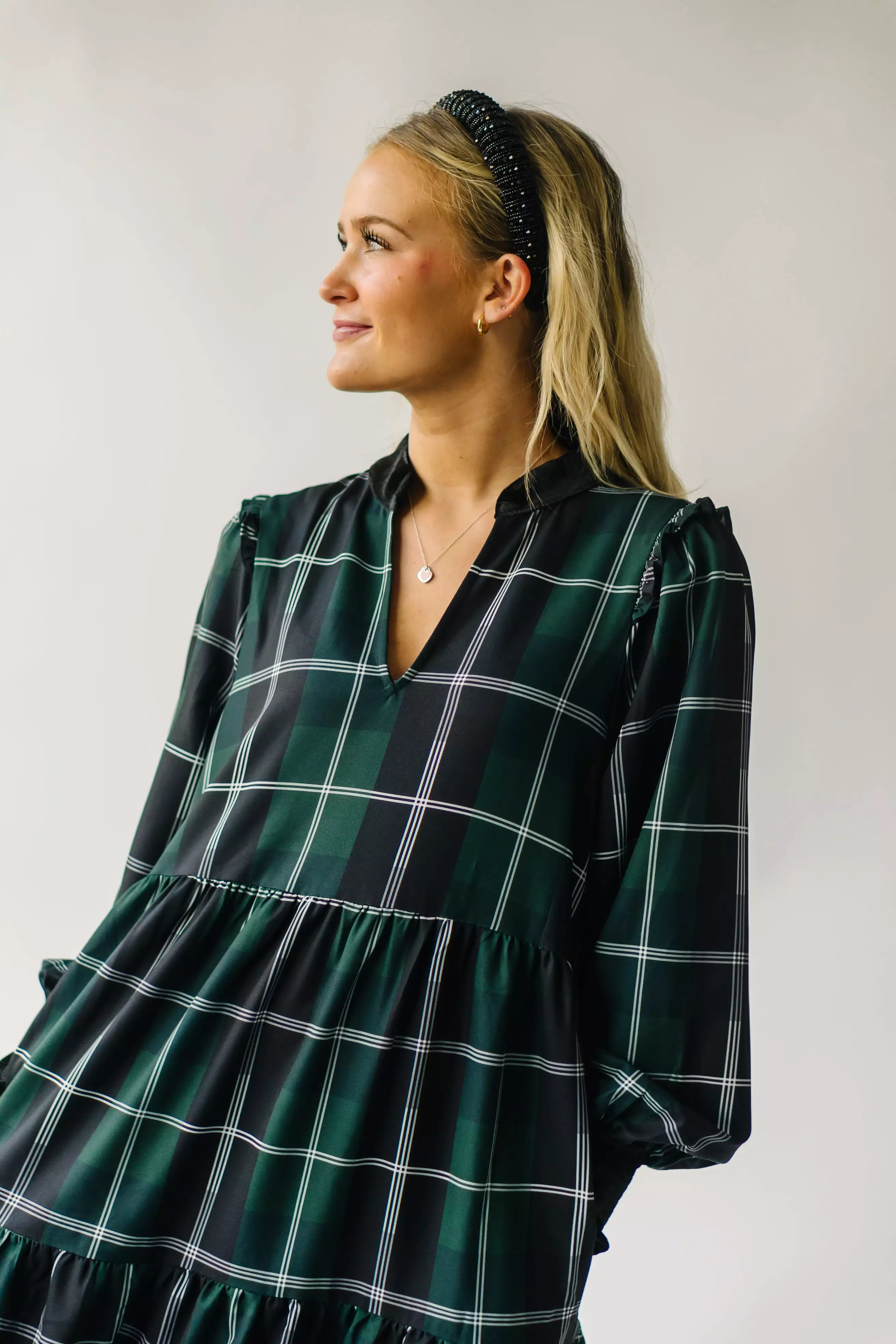 The Daylon Plaid Midi Dress in Emerald + White