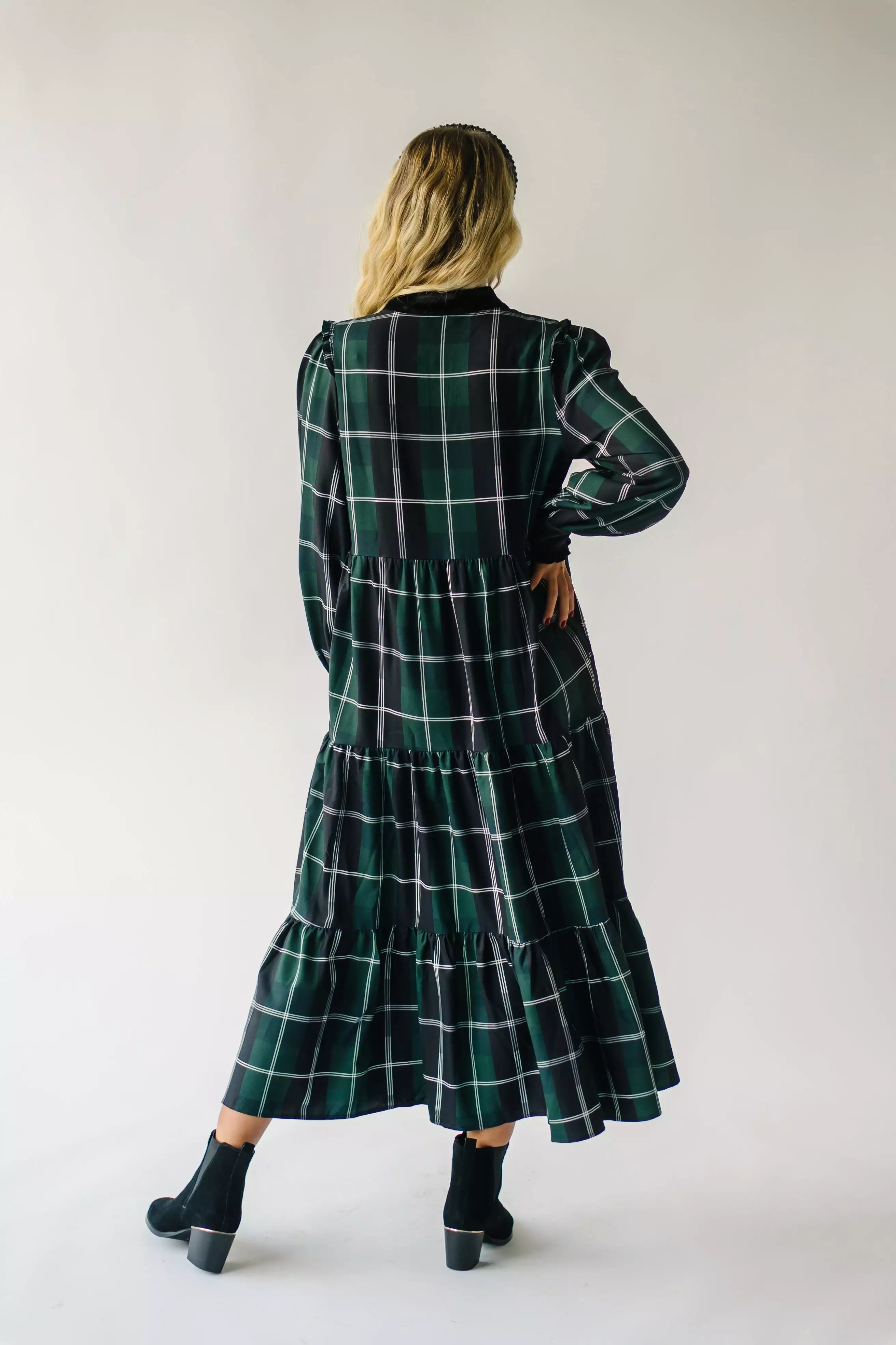 The Daylon Plaid Midi Dress in Emerald + White