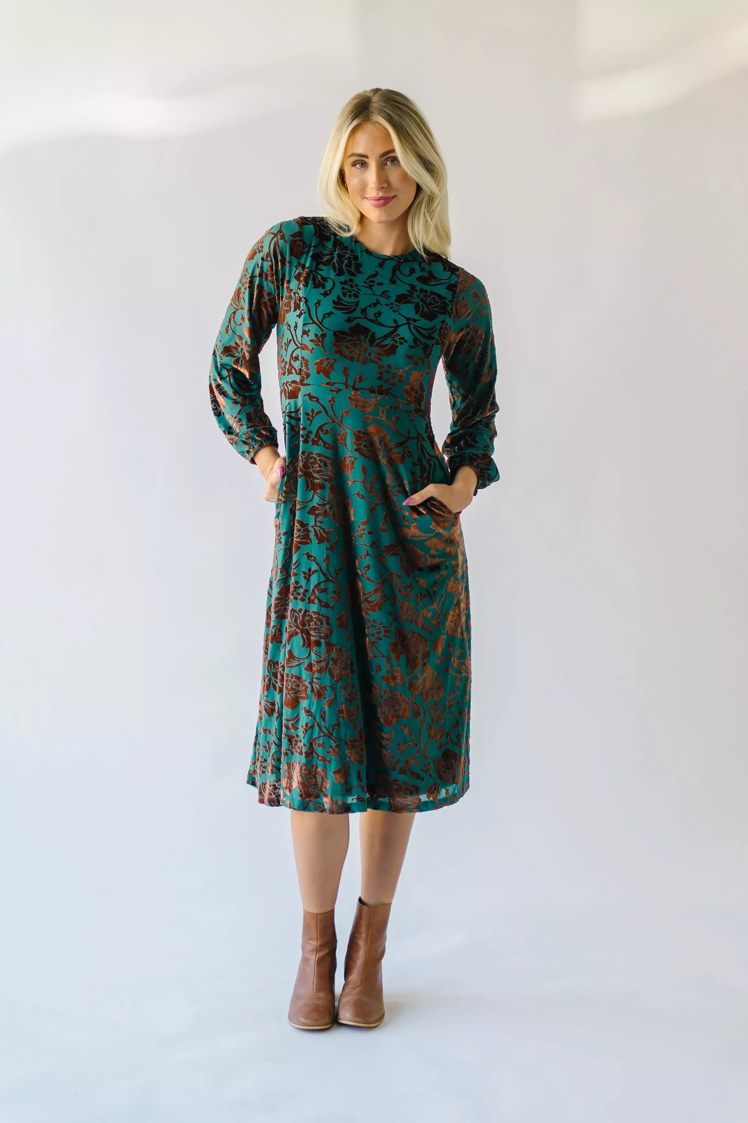 The Delta Velvet Floral Midi Dress in Green Multi