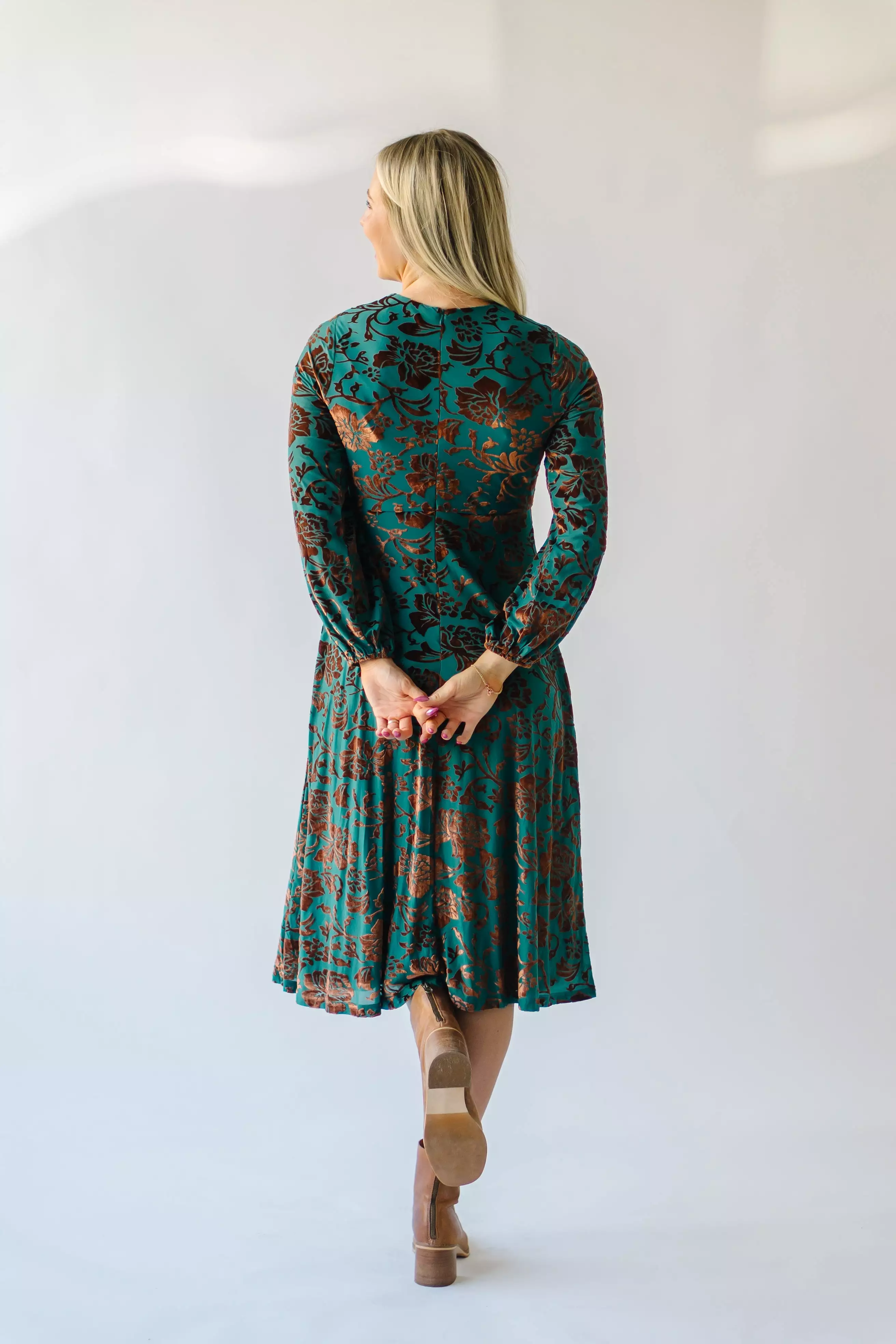 The Delta Velvet Floral Midi Dress in Green Multi