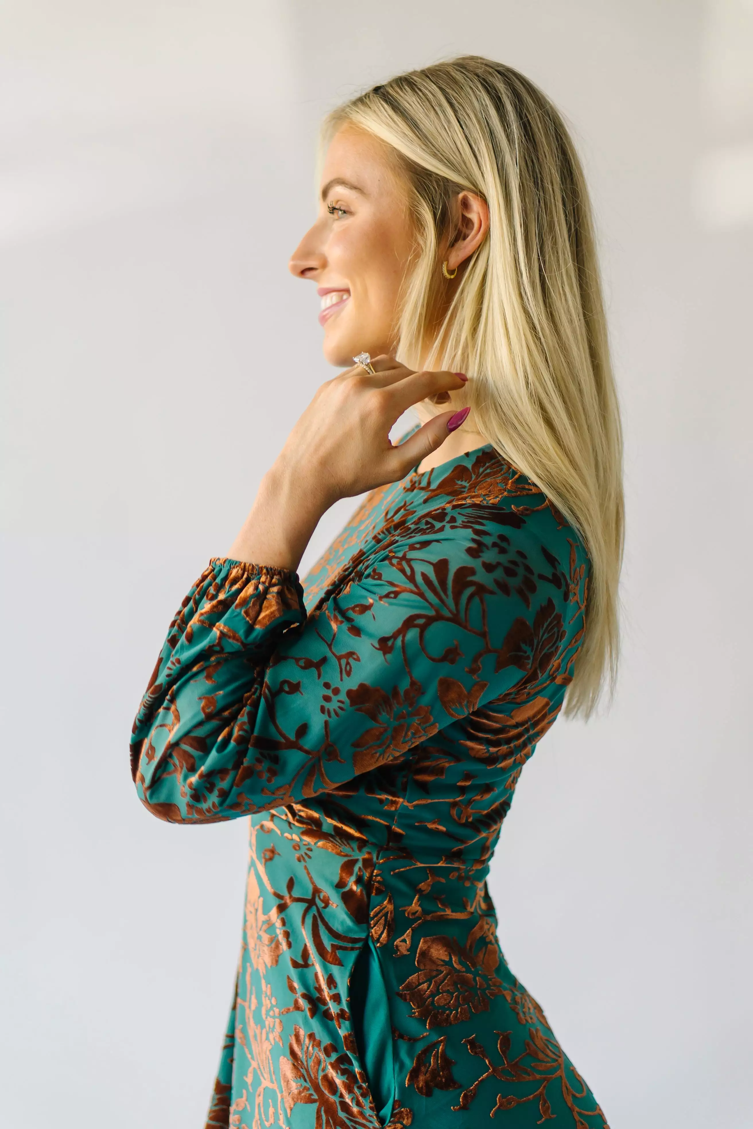 The Delta Velvet Floral Midi Dress in Green Multi