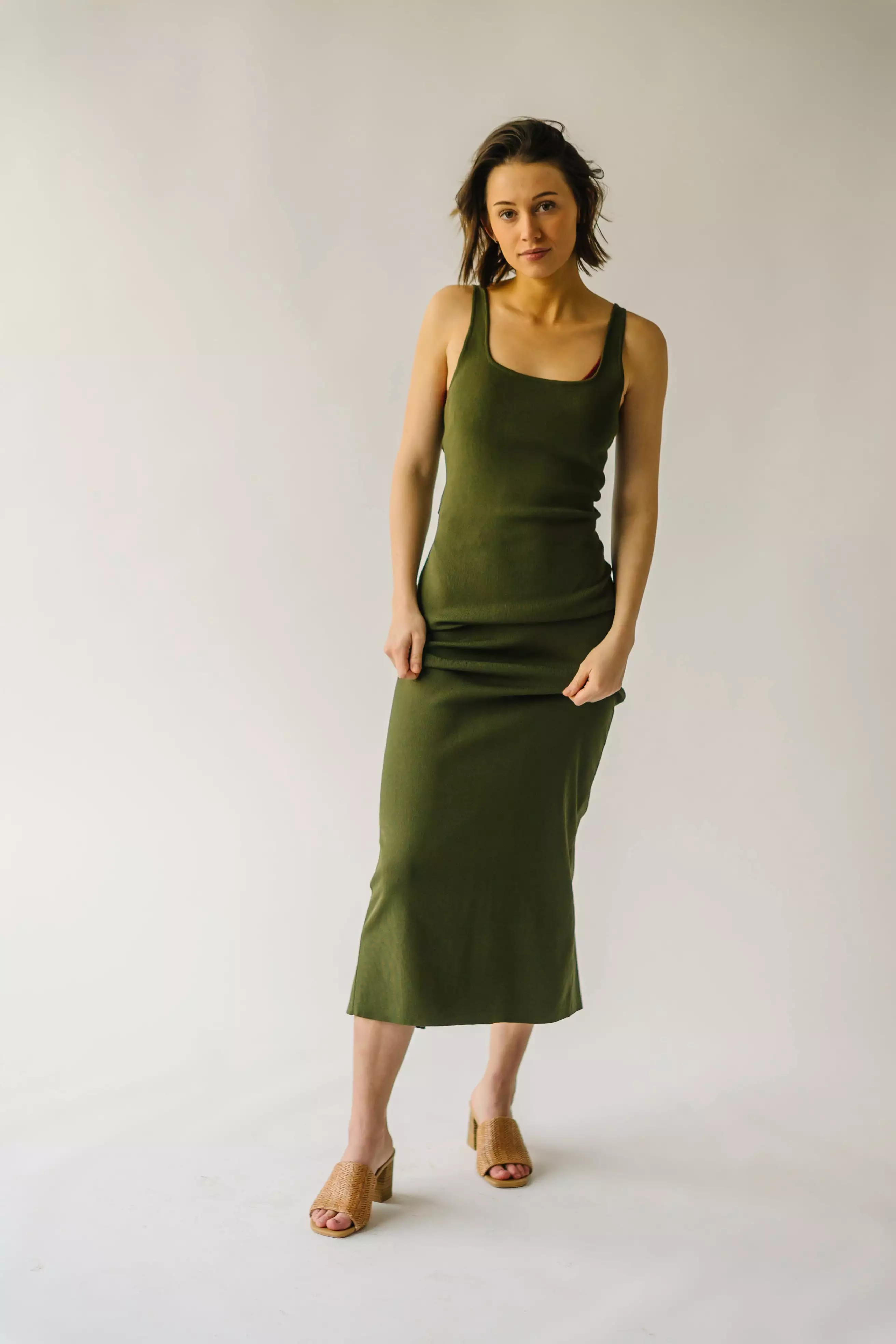 The Dray Tank Midi Dress in Olive Green