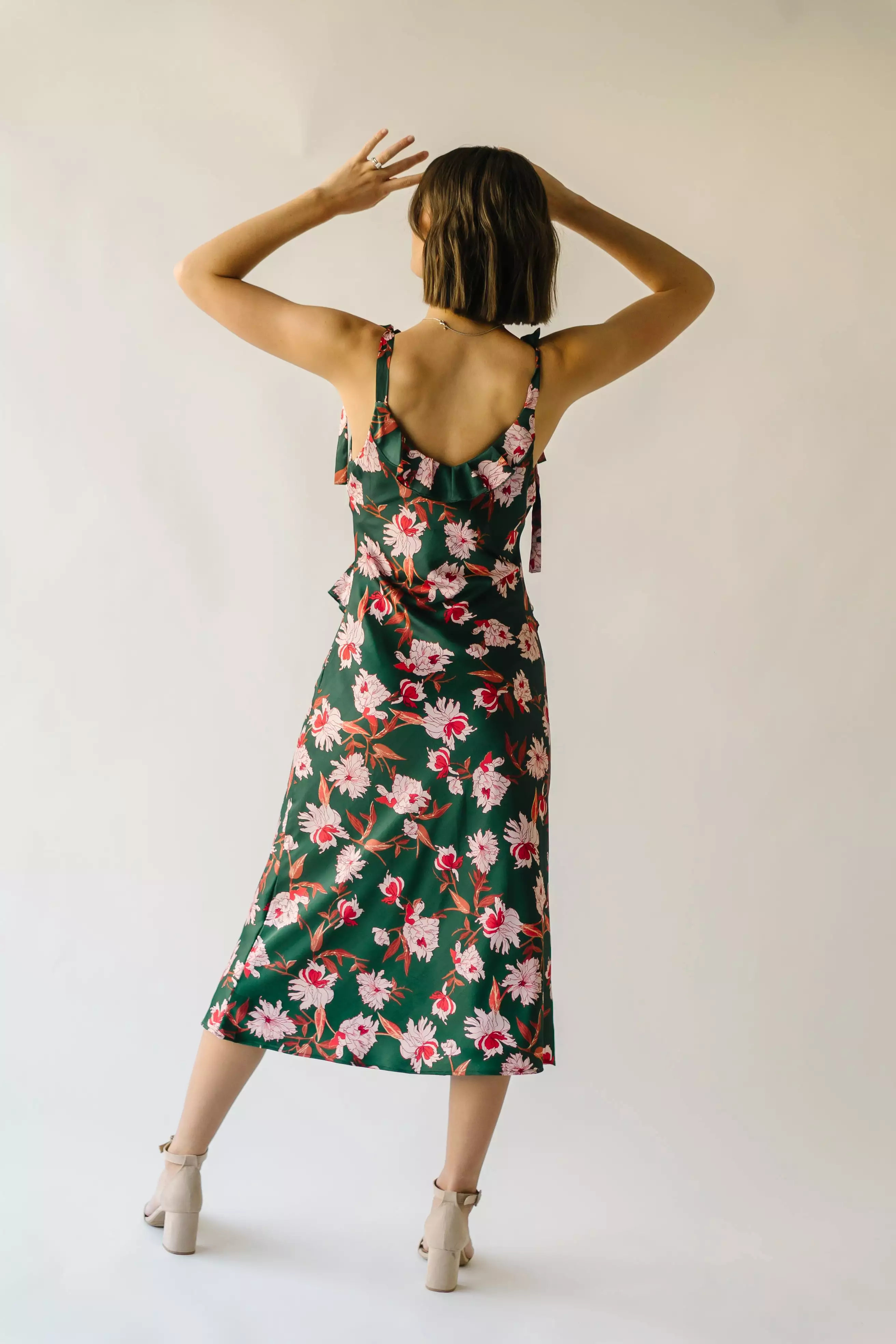 The Etna Shoulder Tie Floral Midi Dress in Green Multi