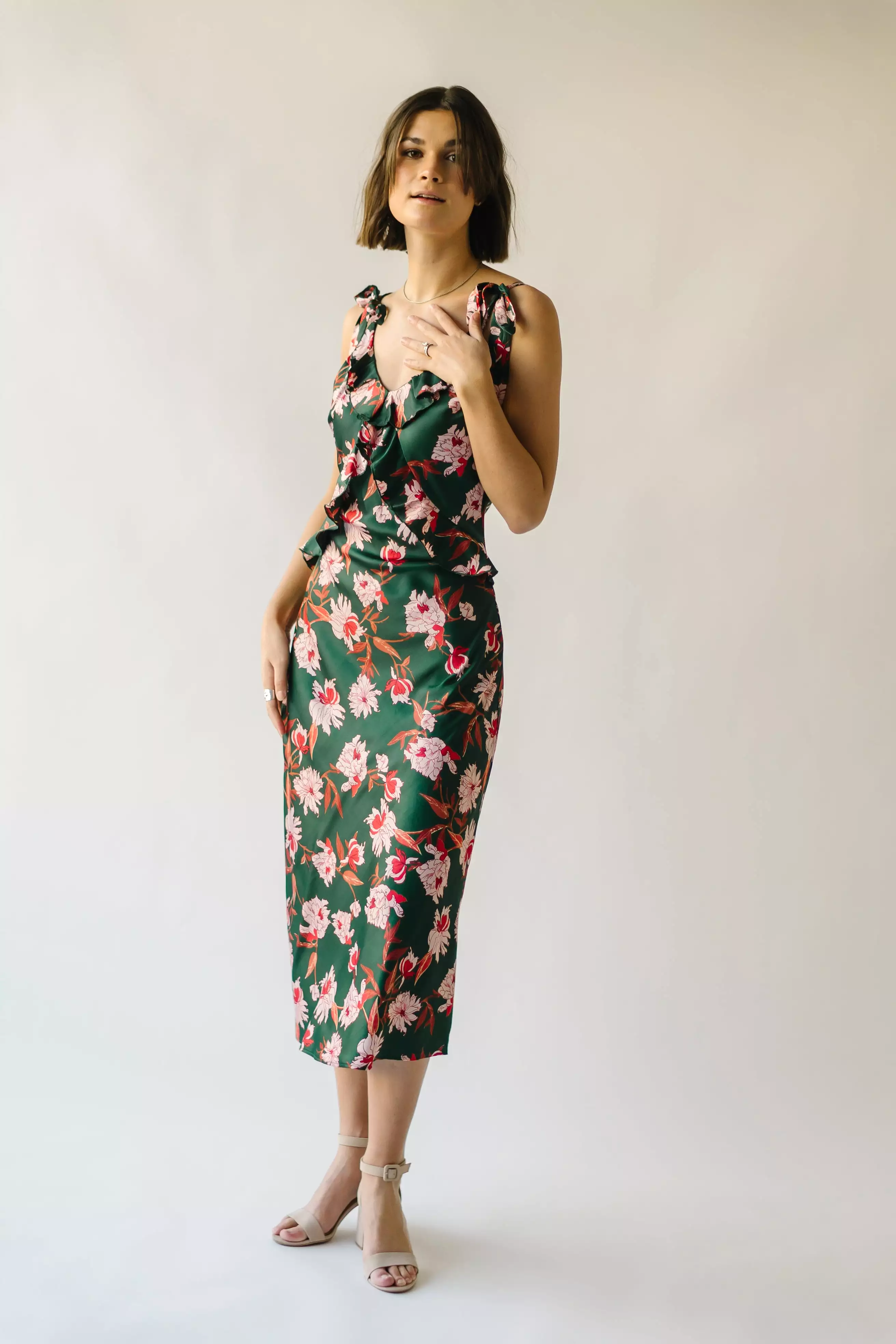 The Etna Shoulder Tie Floral Midi Dress in Green Multi