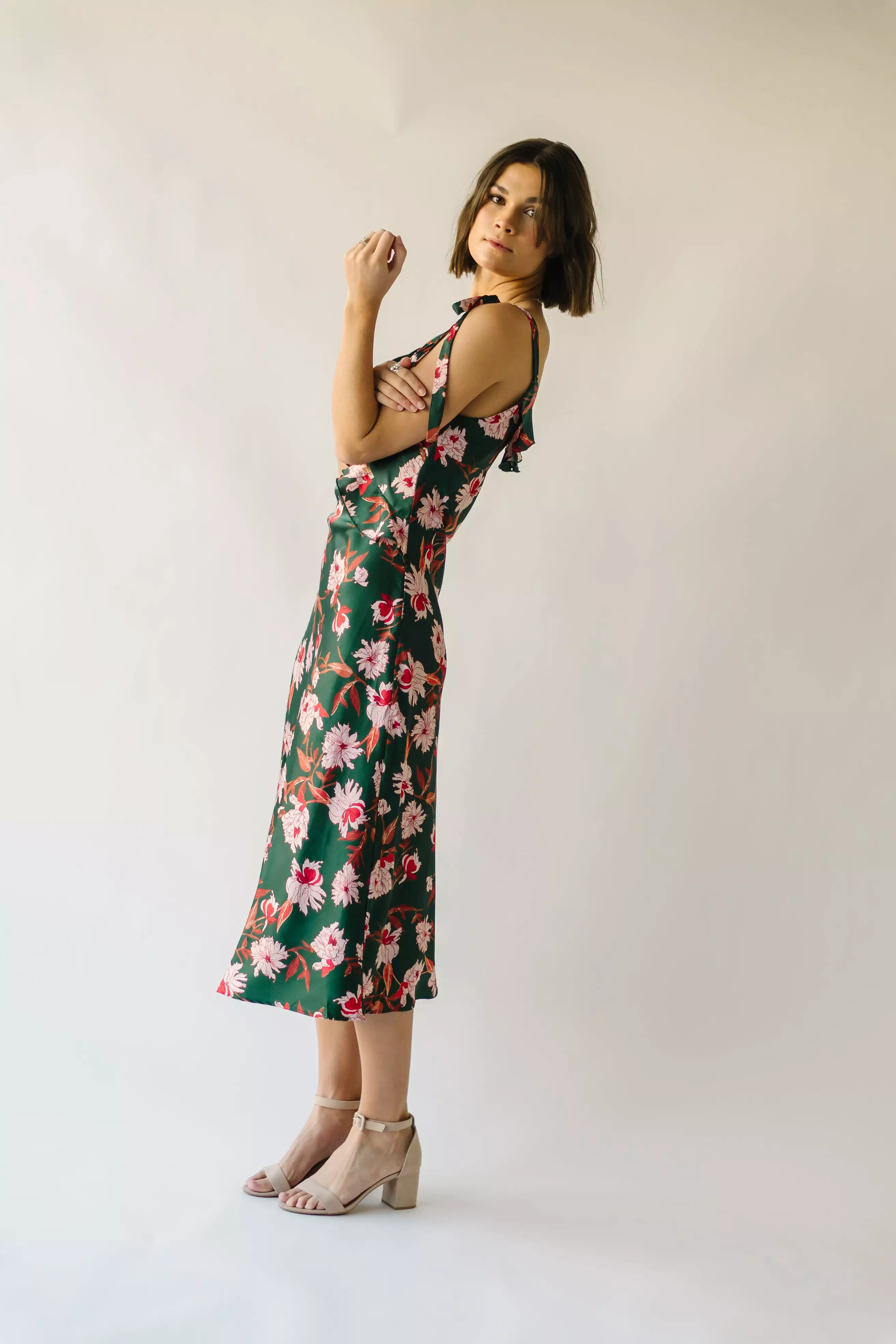 The Etna Shoulder Tie Floral Midi Dress in Green Multi