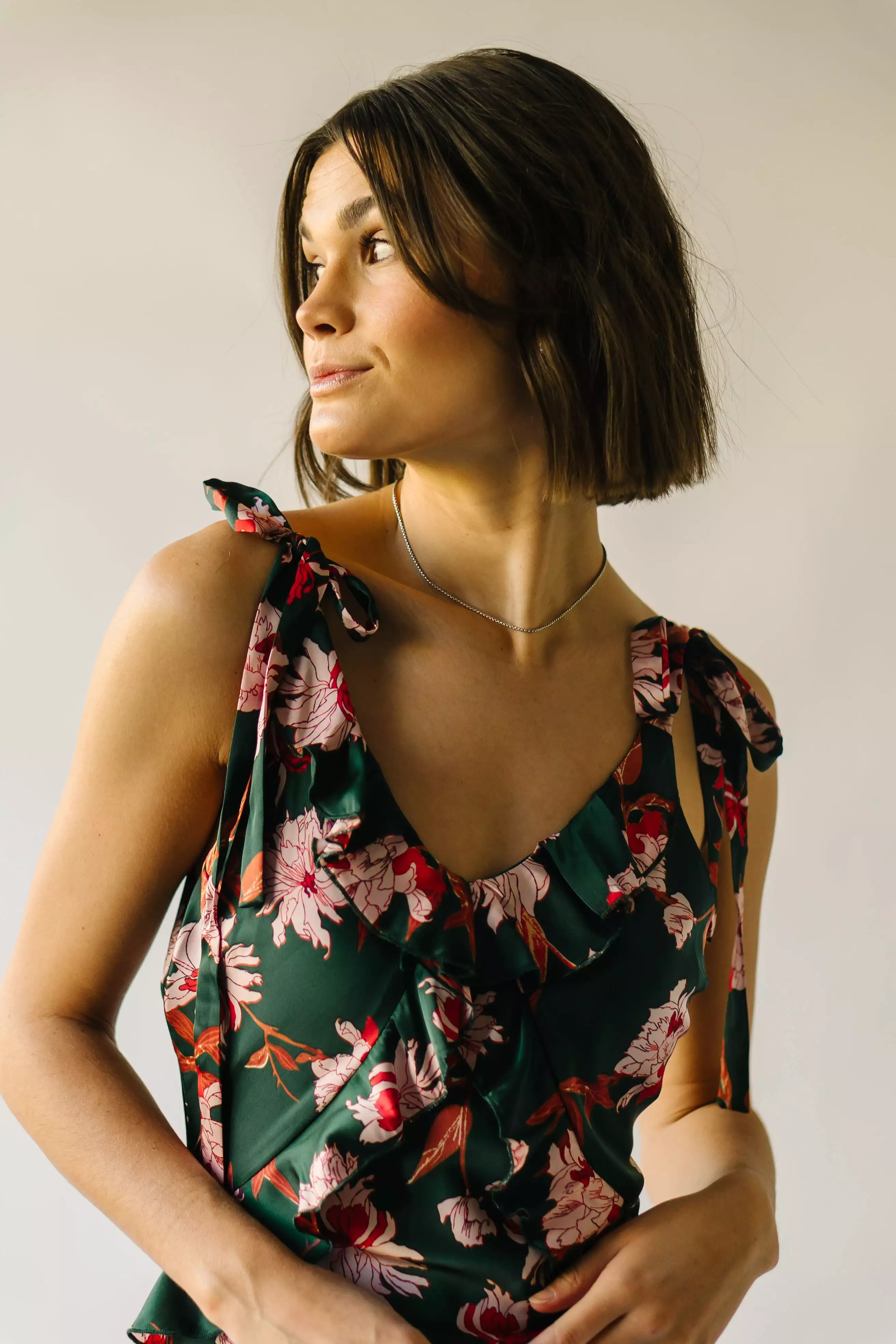 The Etna Shoulder Tie Floral Midi Dress in Green Multi