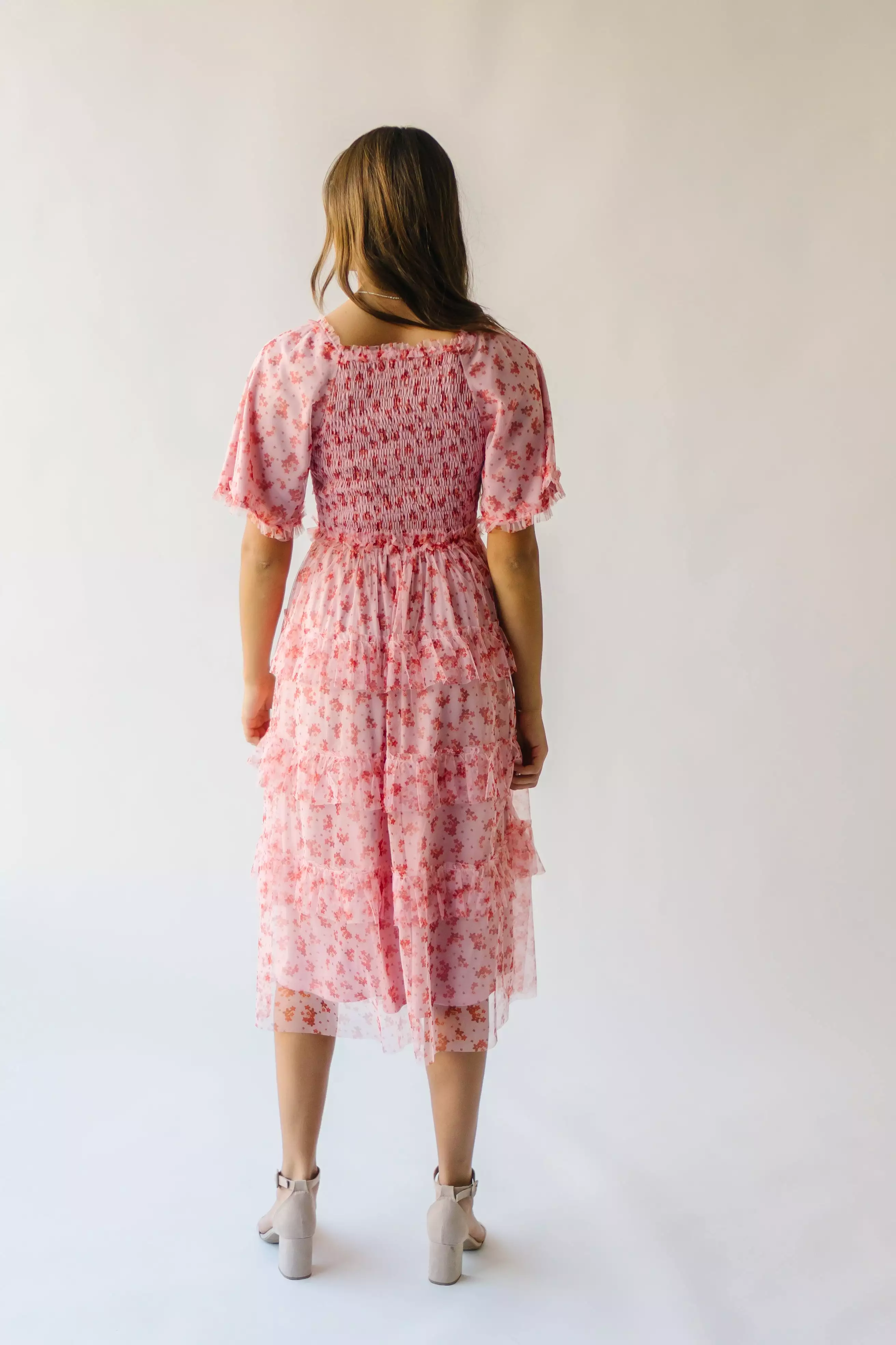 The Evin Floral Tiered Midi Dress in Pink Multi