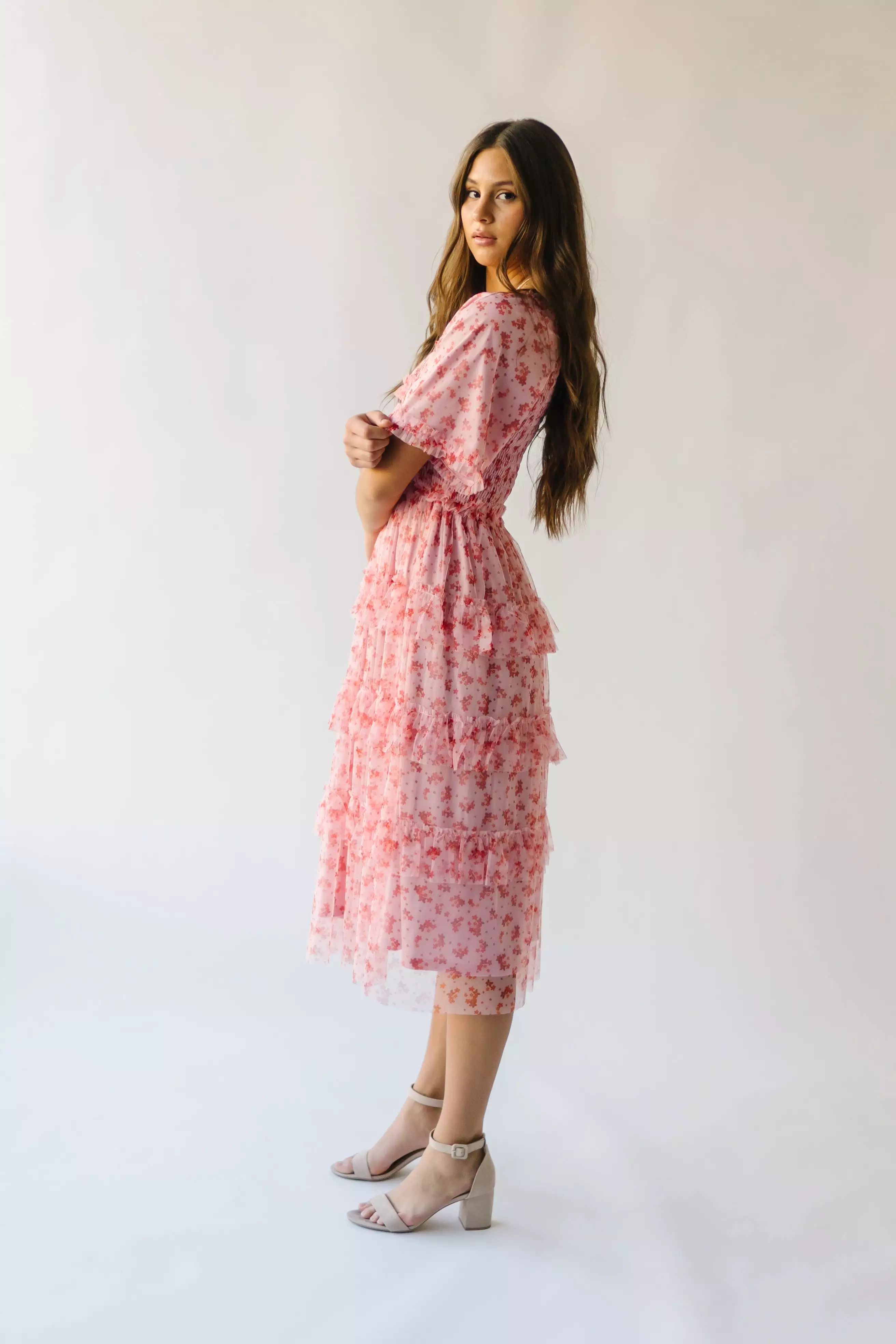 The Evin Floral Tiered Midi Dress in Pink Multi