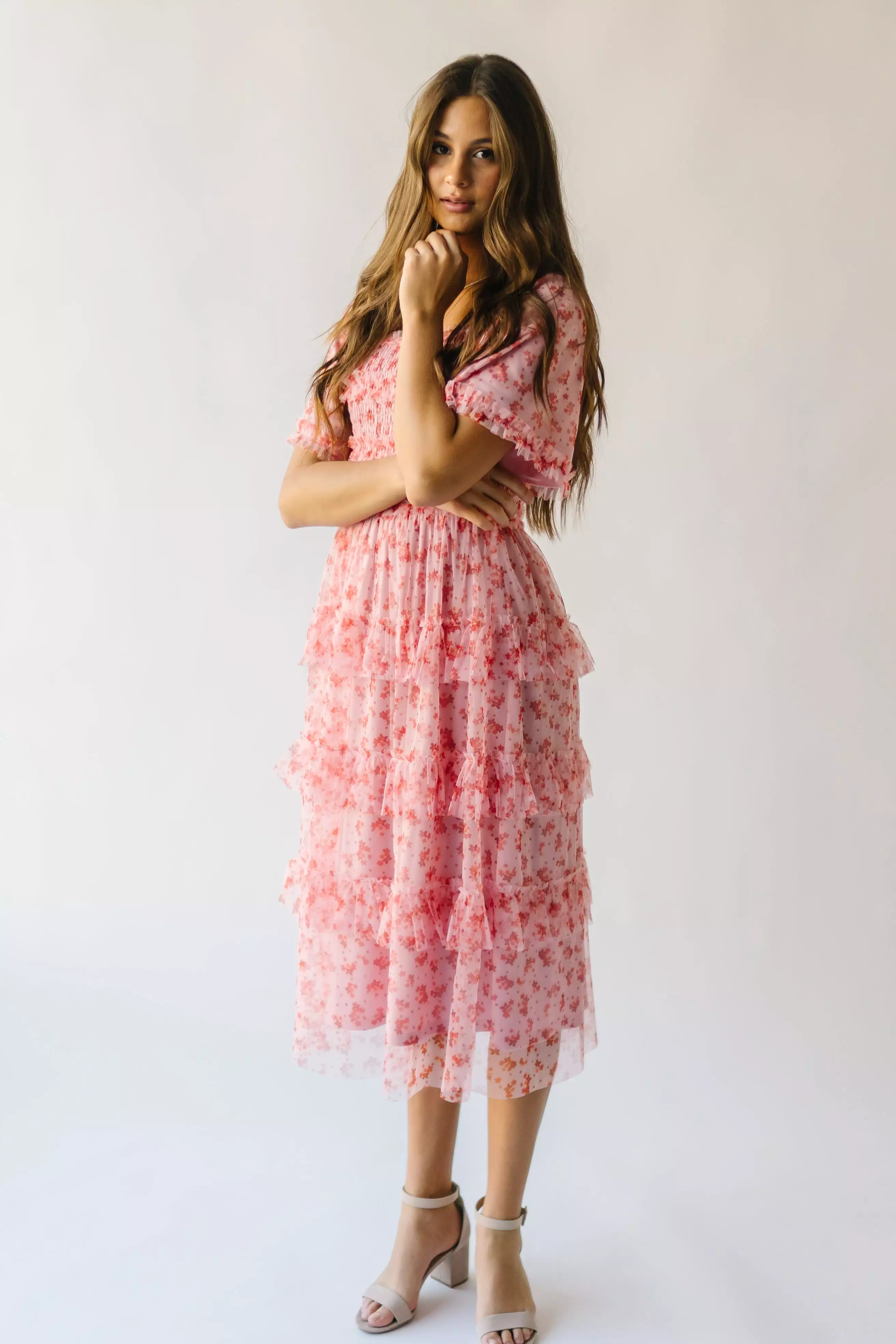 The Evin Floral Tiered Midi Dress in Pink Multi