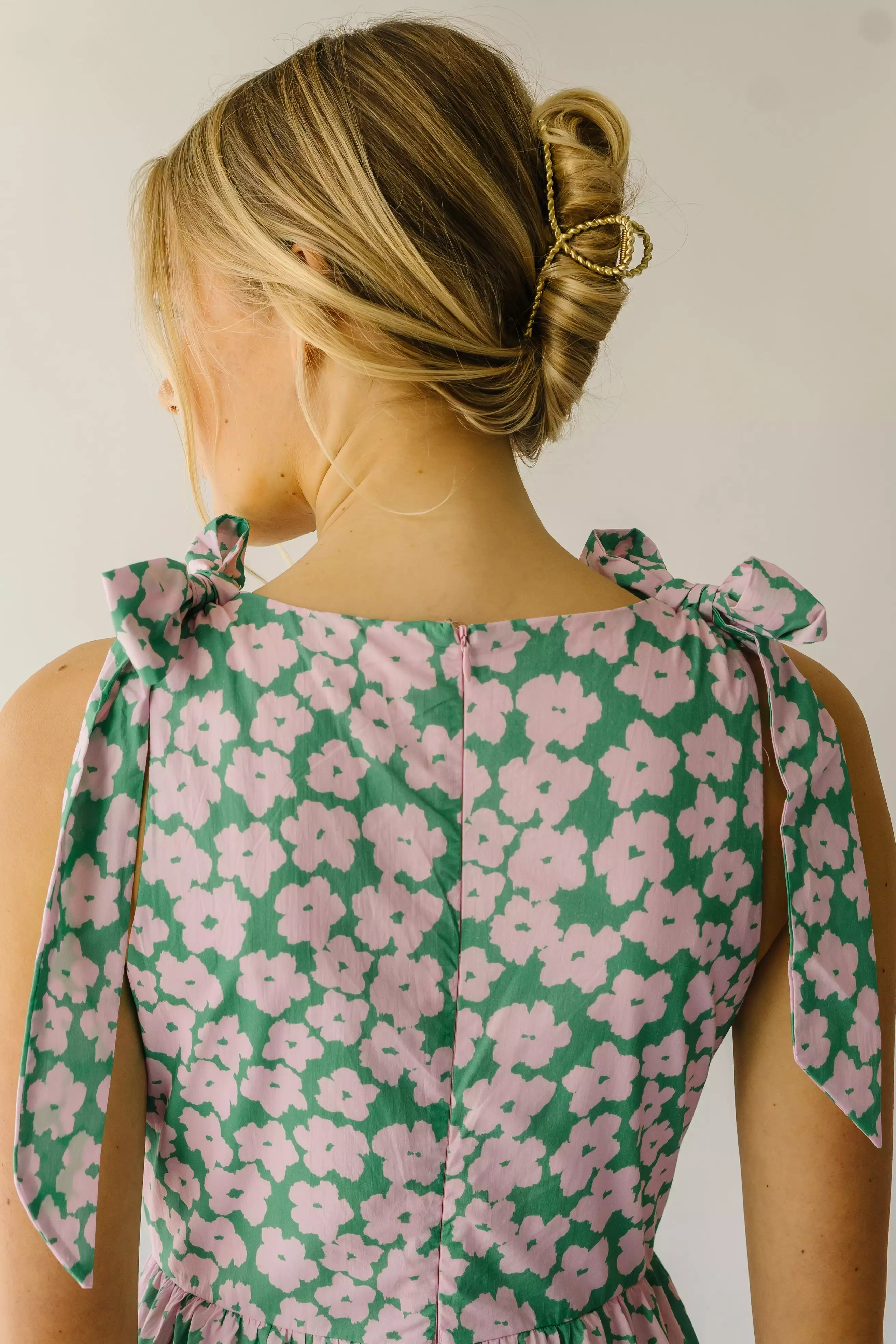 The Friona Tie Detail Dress in Green + Pink