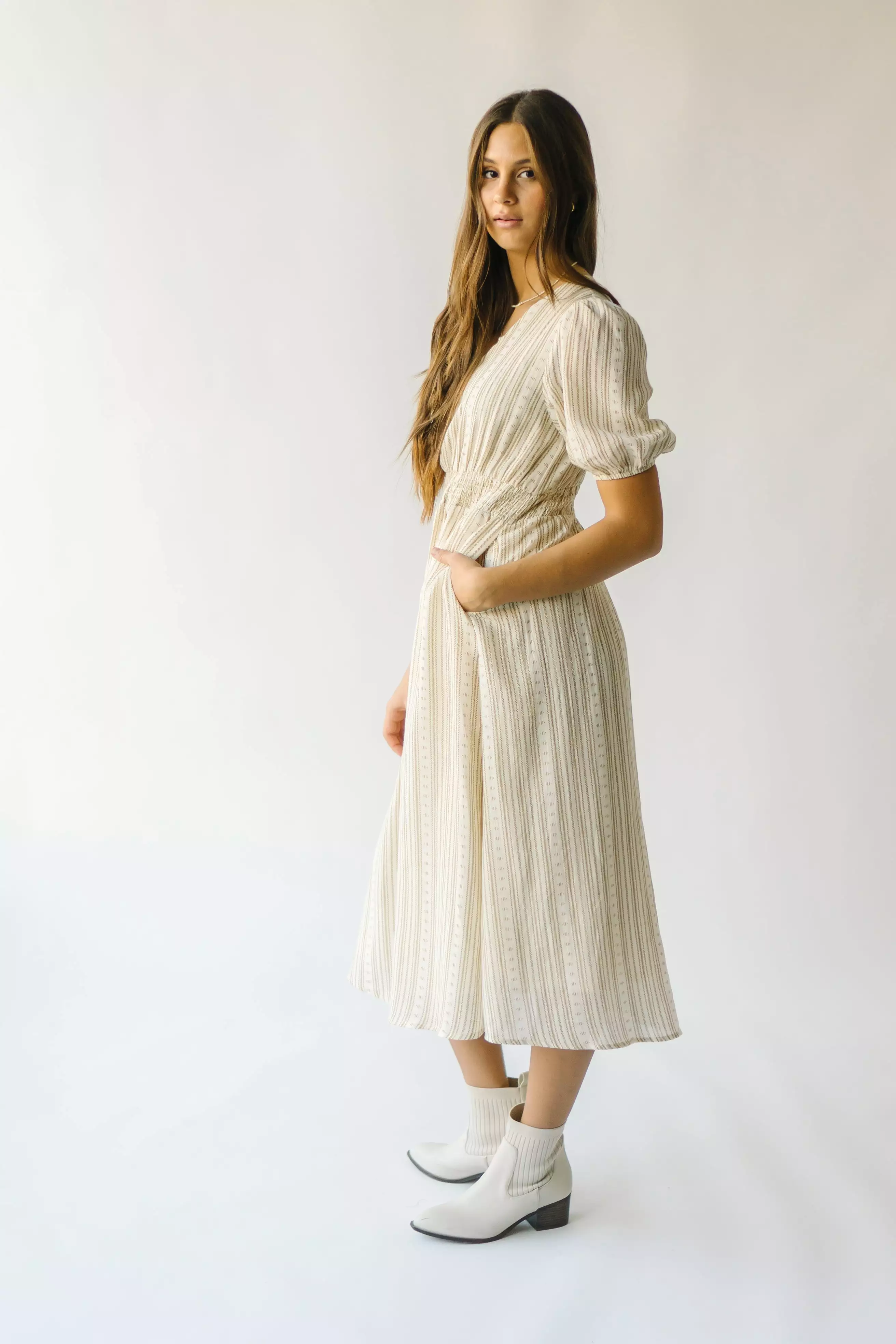 The Giovanna Puff Sleeve Midi Dress in Natural