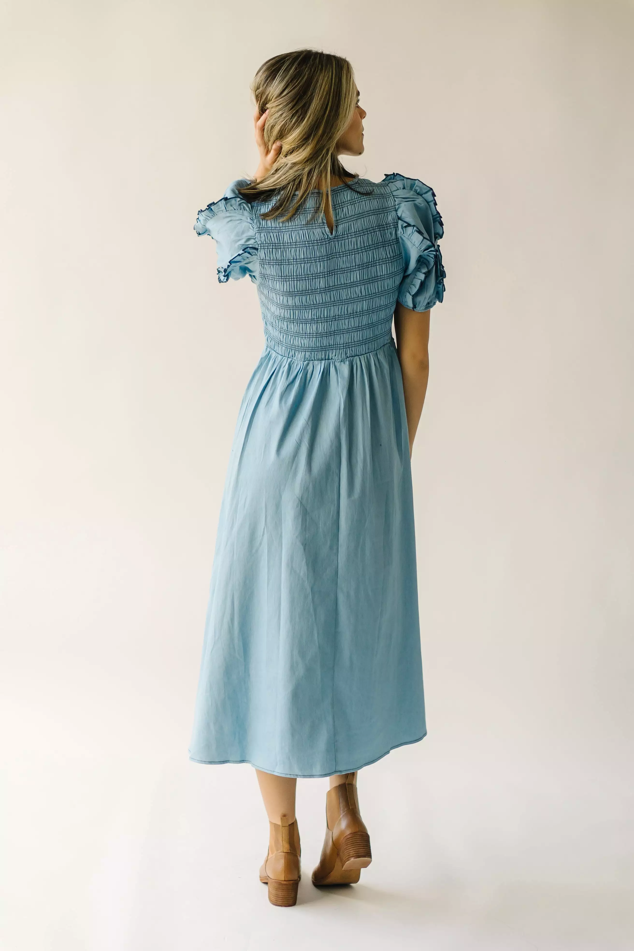 The Glenburn Smocked Detail Midi Dress in Light Denim